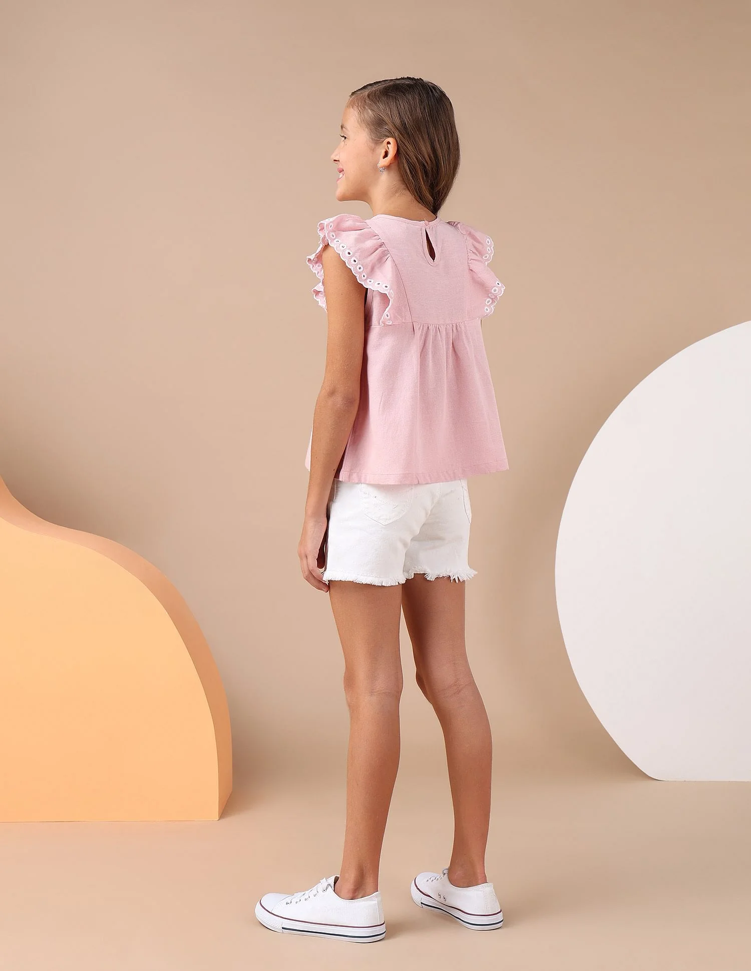 Girls Solid Embroidered Frill Top - Image 4