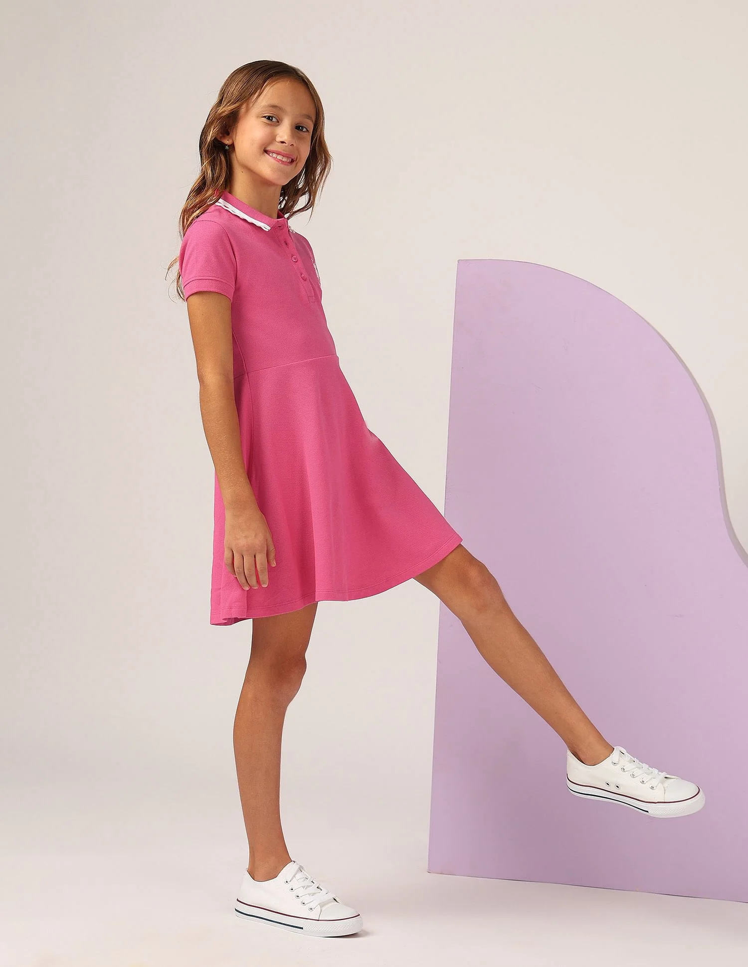 Girls Solid Fit And Flare Polo Dress - Image 4