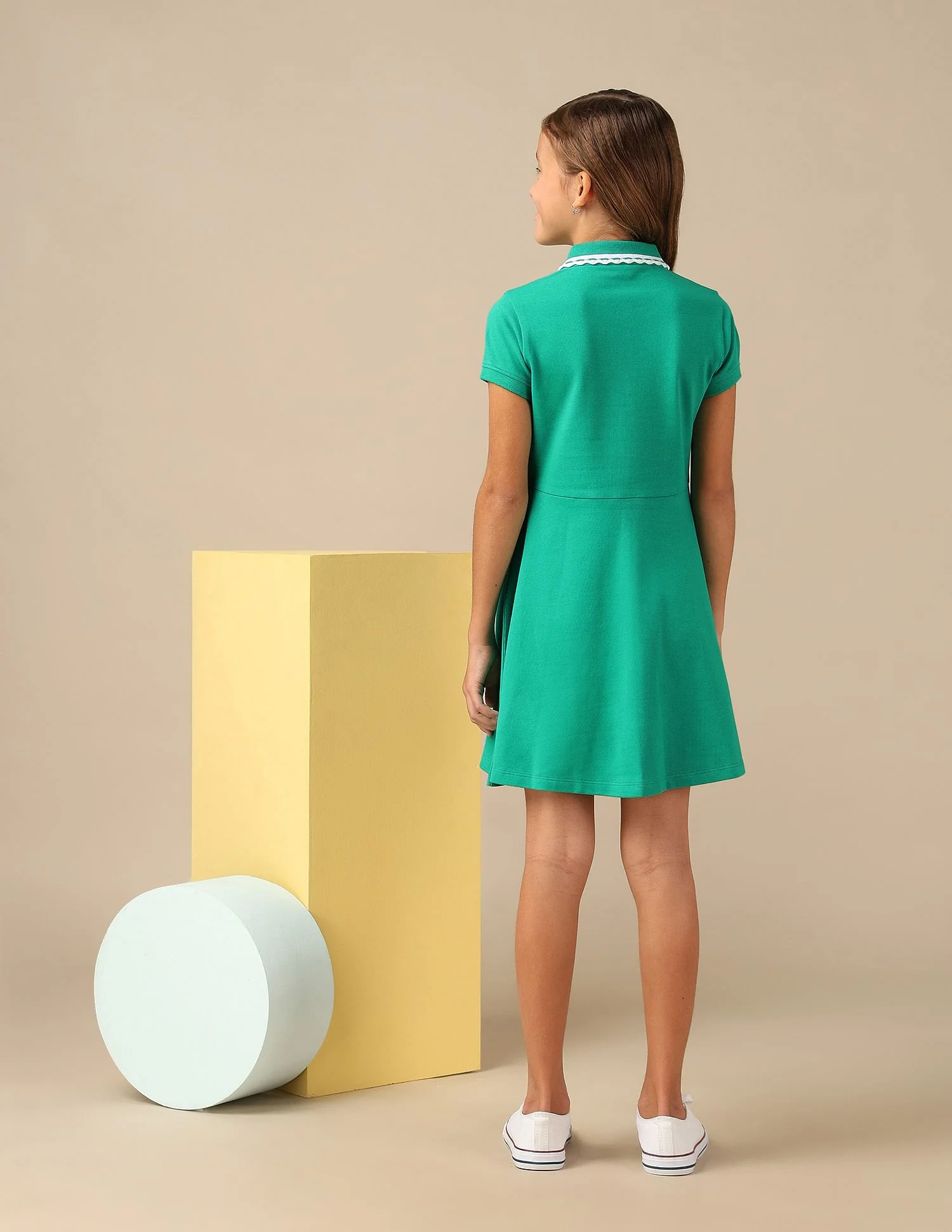 Girls Solid Fit And Flare Polo Dress - Image 4
