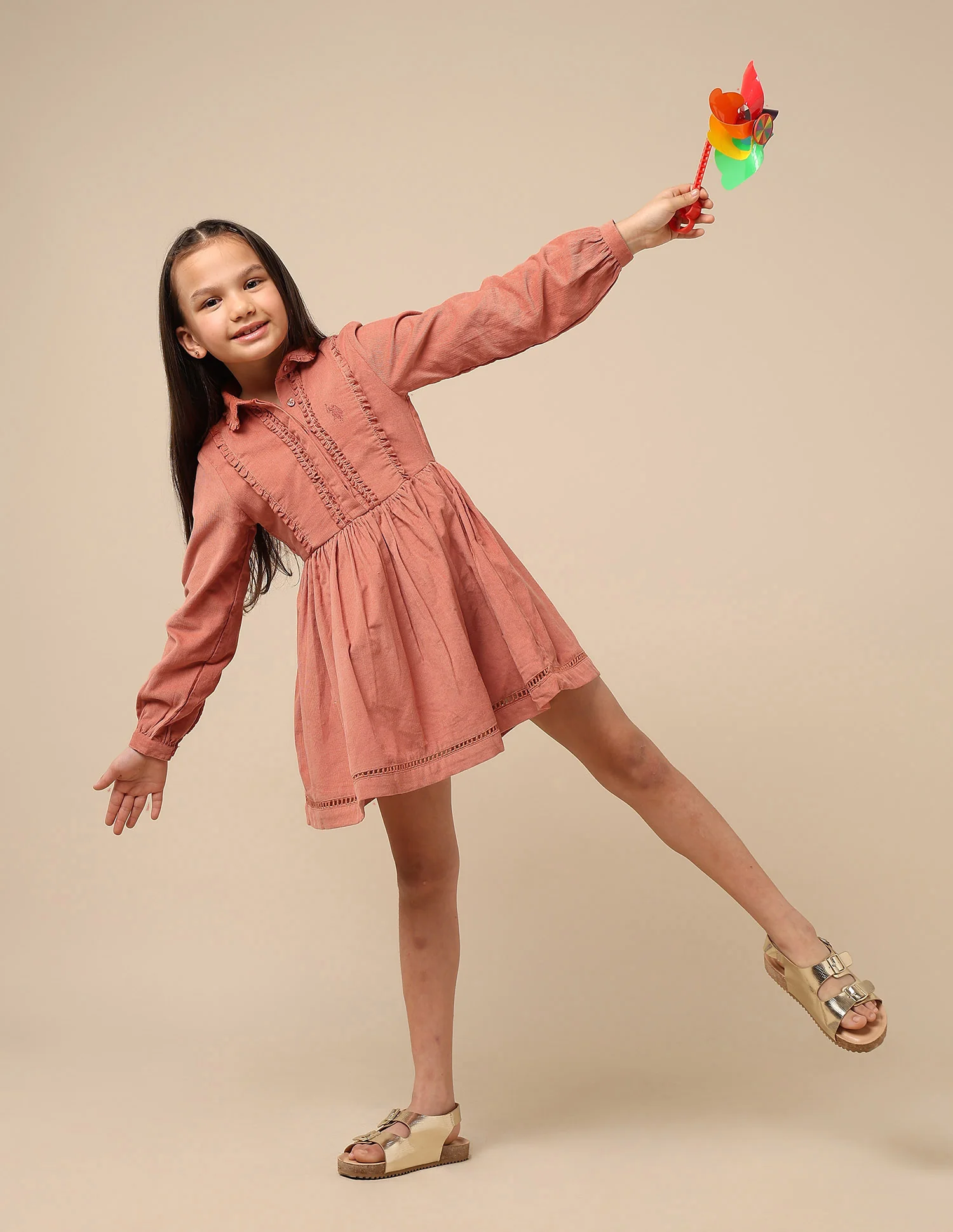 Girls Solid Shirt Dress - Image 3