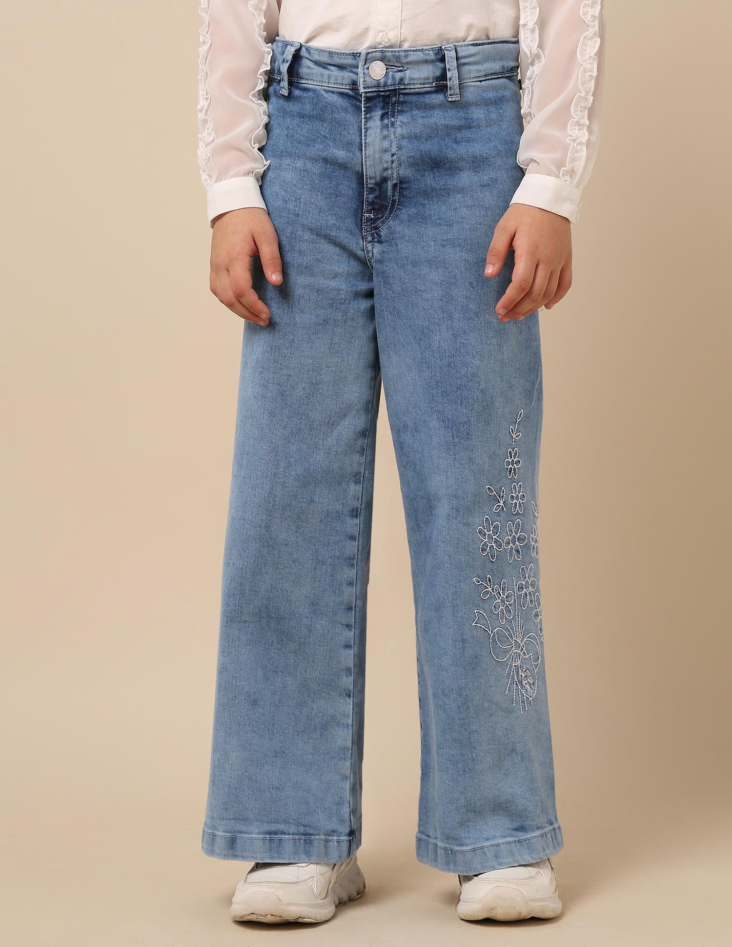 Girls Stone Washed Wide Leg Fit Jeans - Image 6
