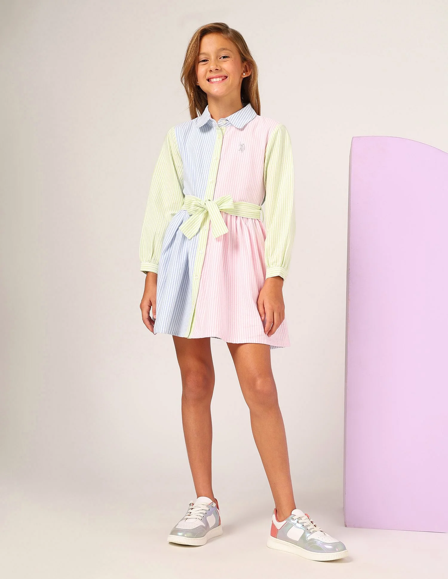 Girls Vertical Striped Shirt Dress - Image 3