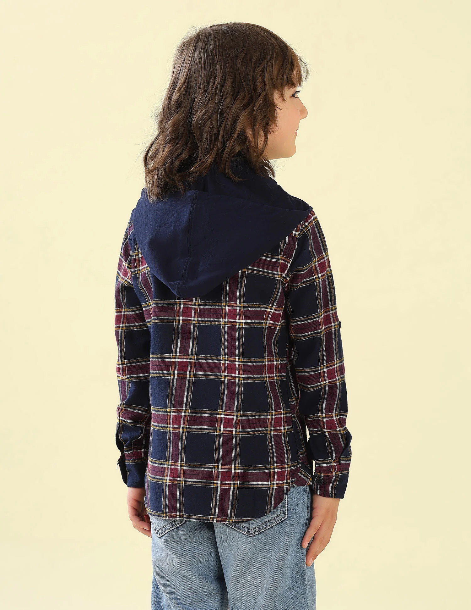 Twill Plaid Checked Hooded Shirt - Image 5