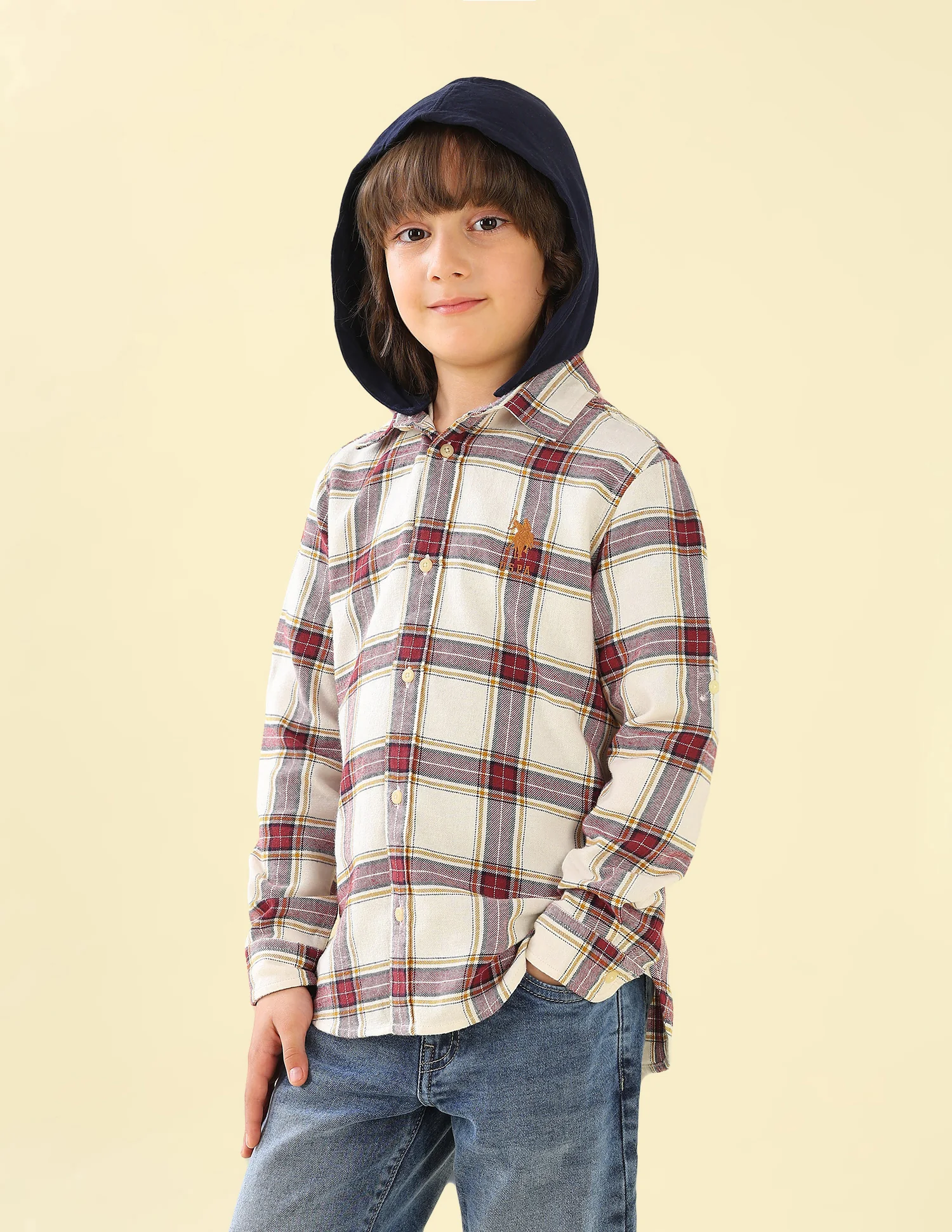 Twill Plaid Checked Hooded Shirt - Image 4