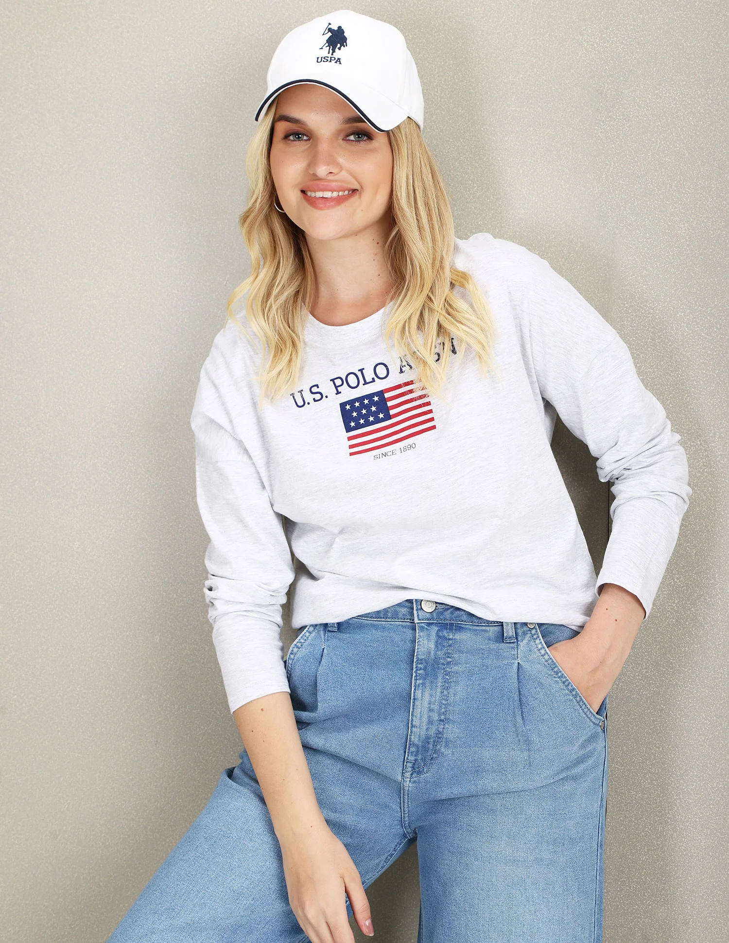 Long Sleeve Flag Print Heathered T-Shirt