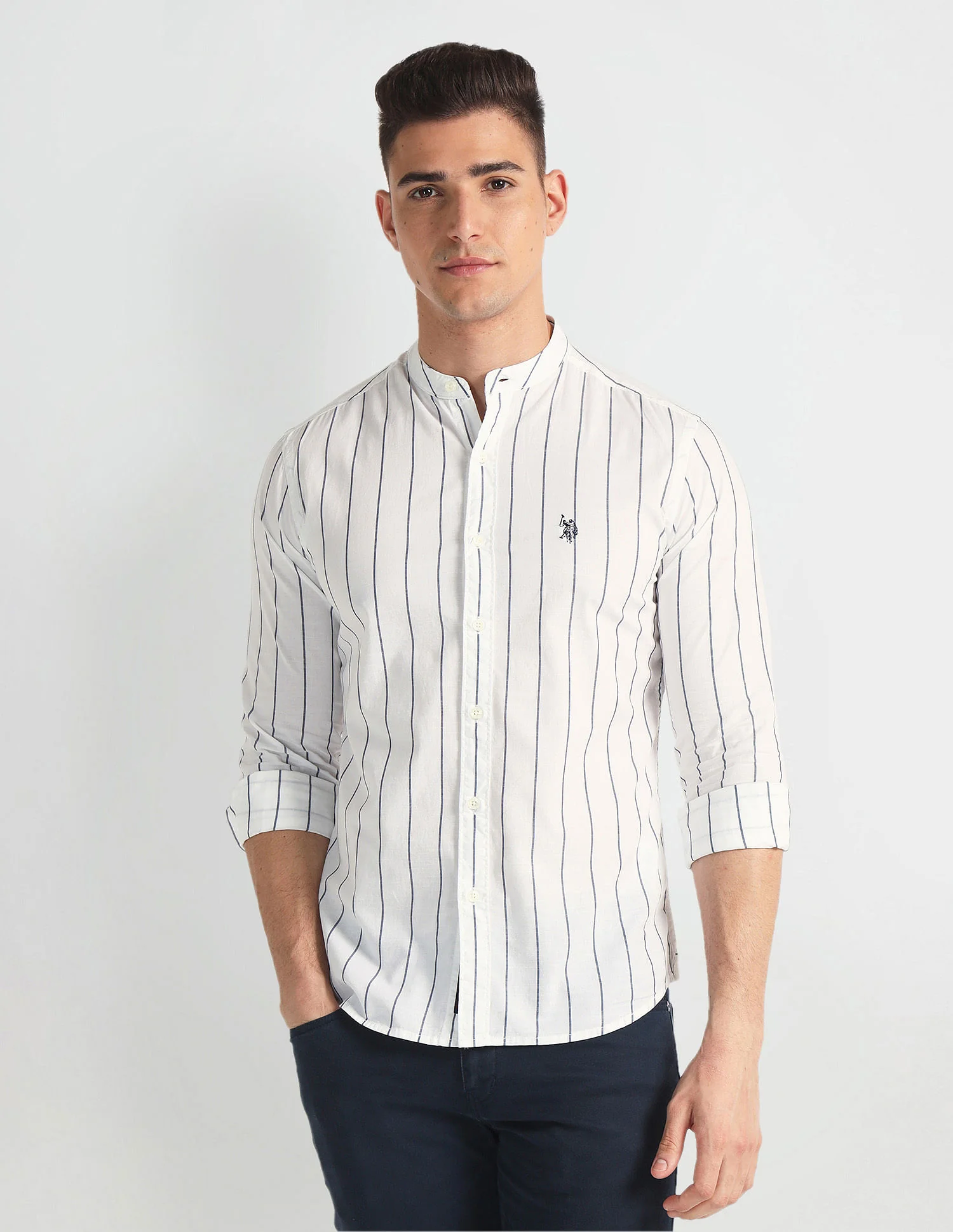 Mandarin Collar Striped Shirt
