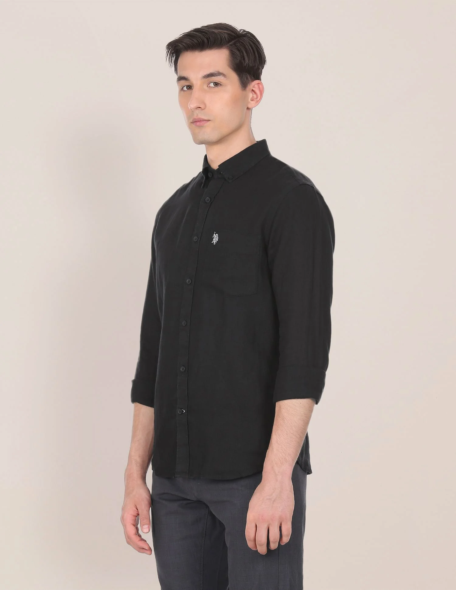 Men Black Button Down Collar Linen Solid Casual Shirt