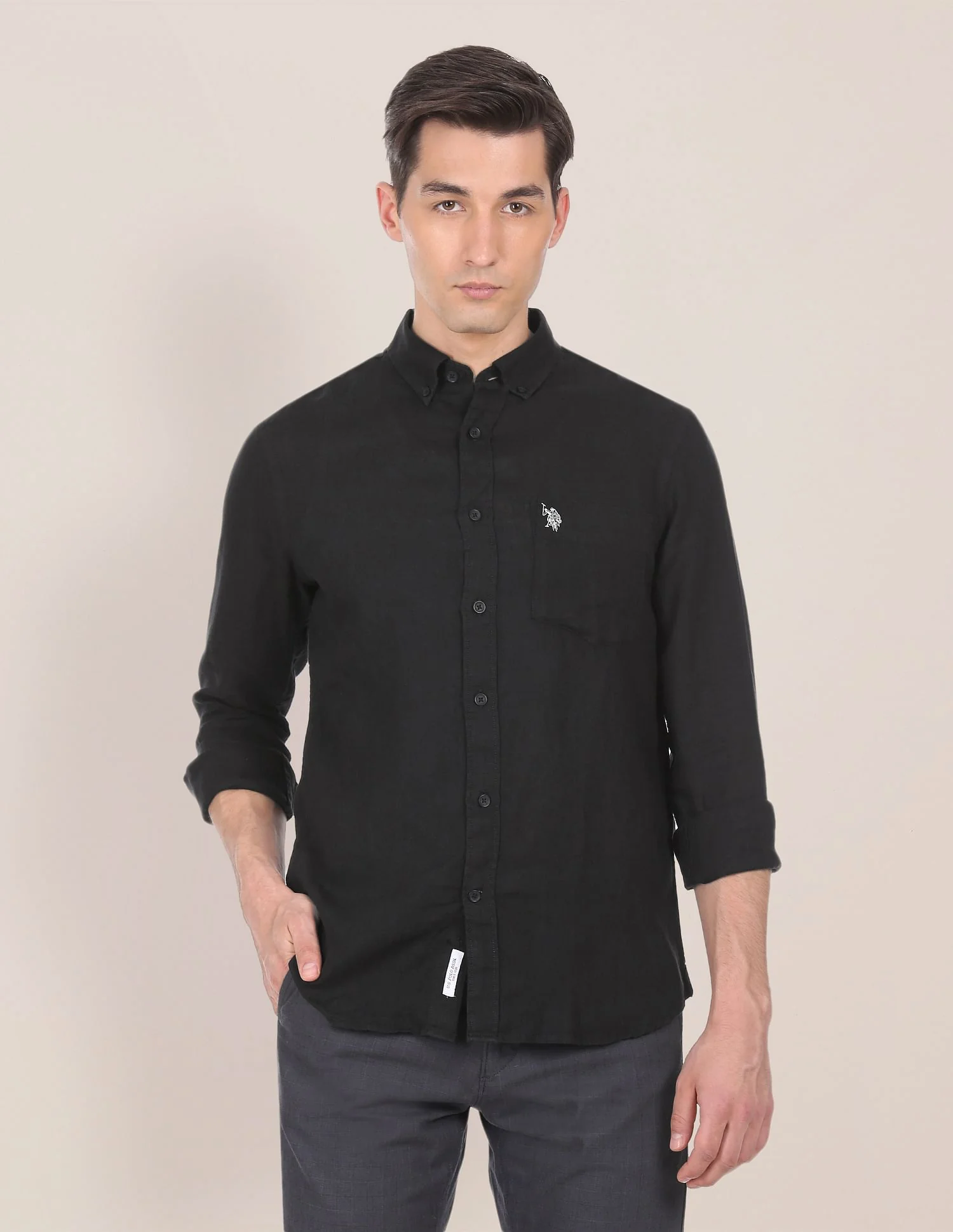 Men Black Button Down Collar Linen Solid Casual Shirt - Image 4