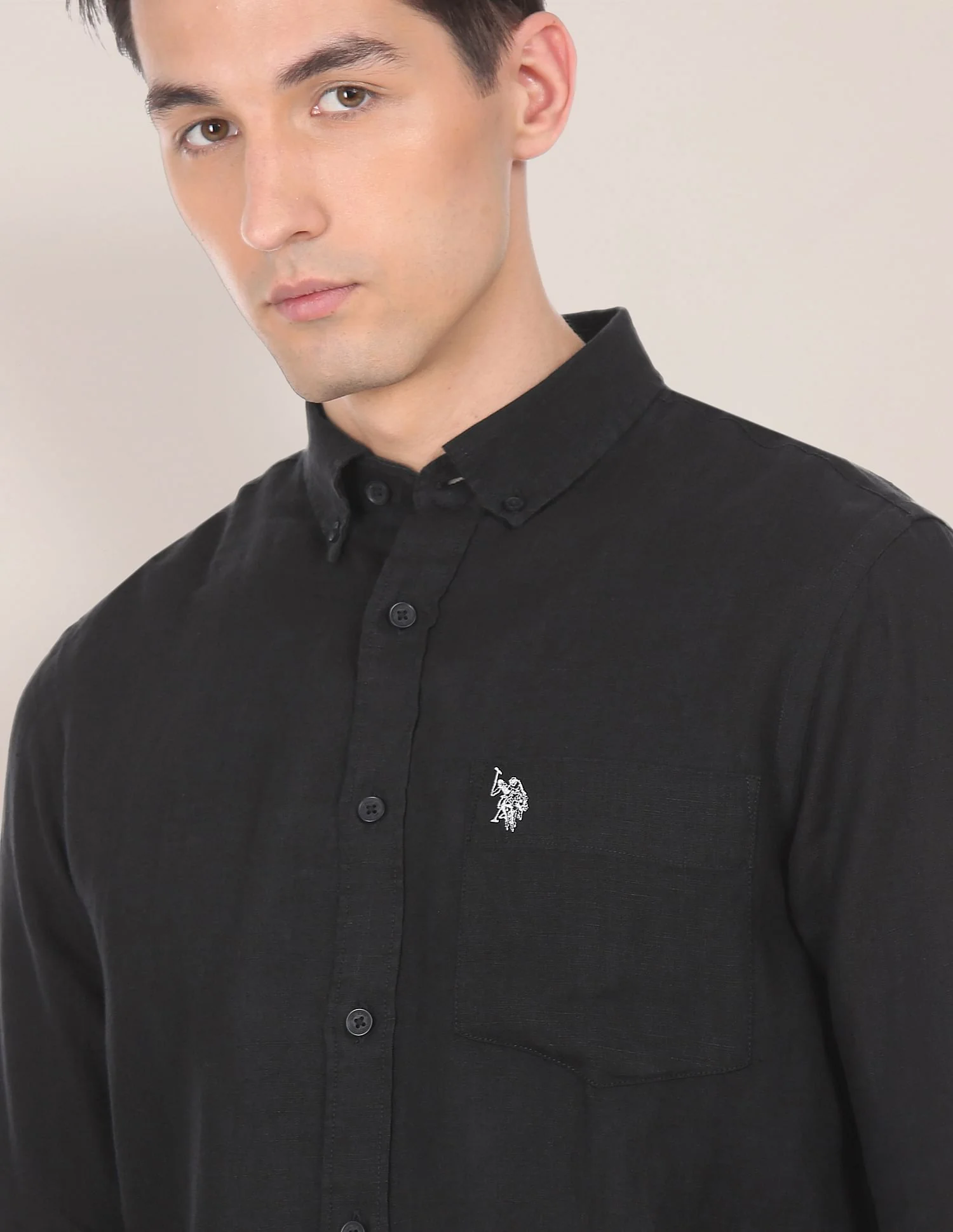 Men Black Button Down Collar Linen Solid Casual Shirt - Image 5