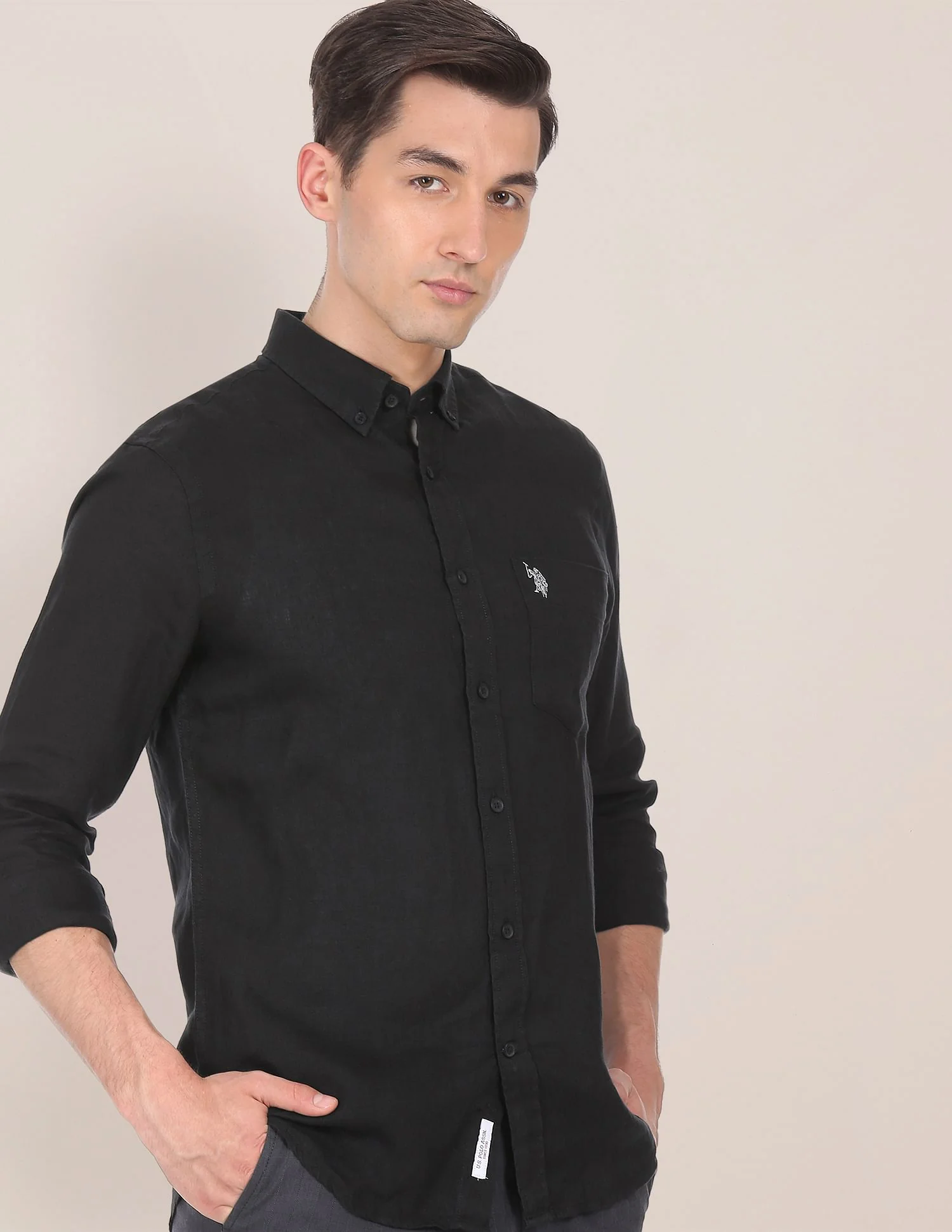 Men Black Button Down Collar Linen Solid Casual Shirt - Image 6