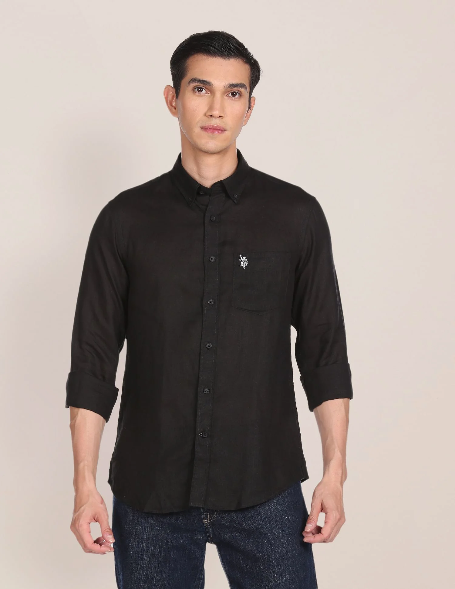 Men Black Linen Solid Casual Shirt
