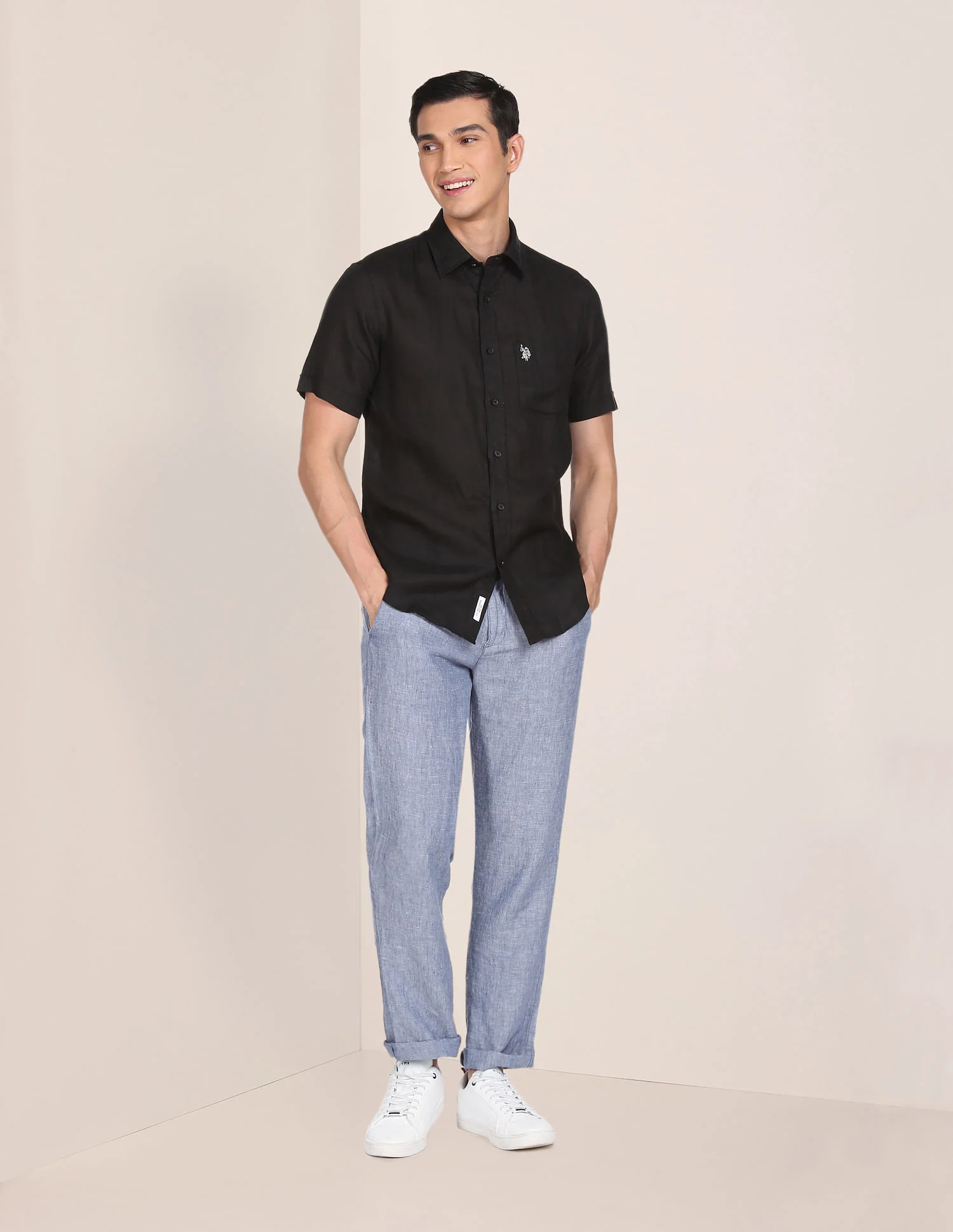 Men Black Short Sleeve Linen Casual Shirt - Image 3