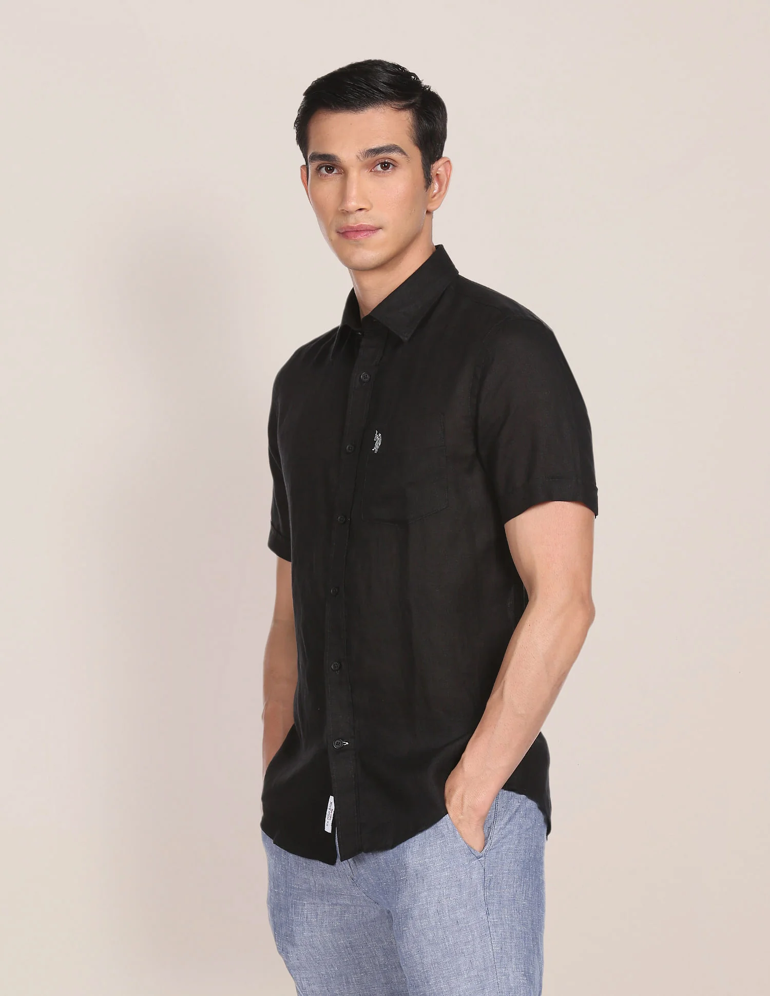 Men Black Short Sleeve Linen Casual Shirt - Image 4