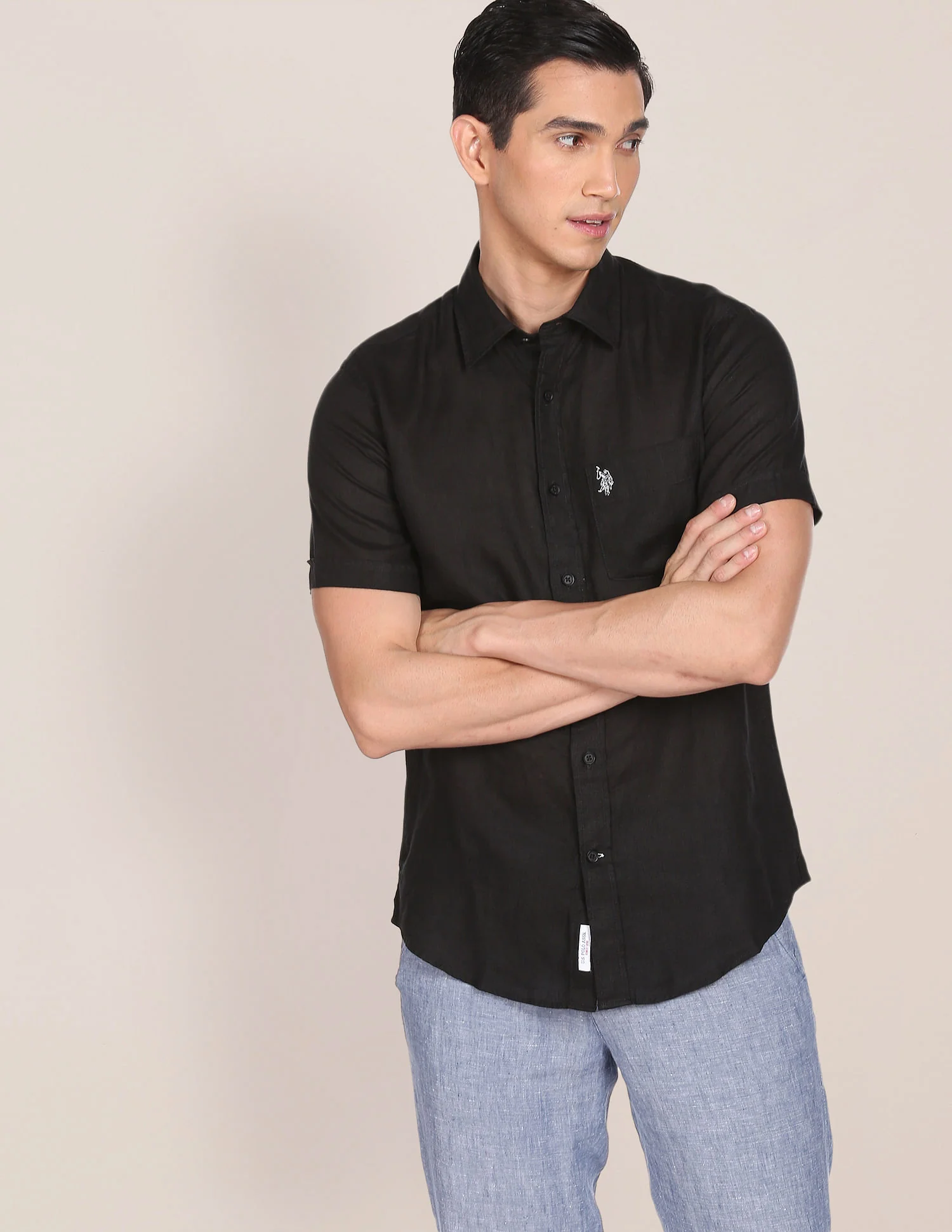 Men Black Short Sleeve Linen Casual Shirt - Image 6