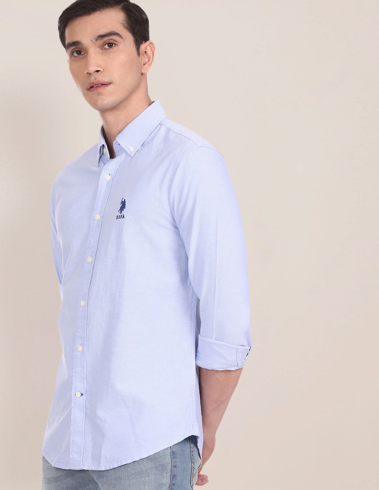 Men Blue Button Down Collar Cotton Solid Formal Shirt - Image 6