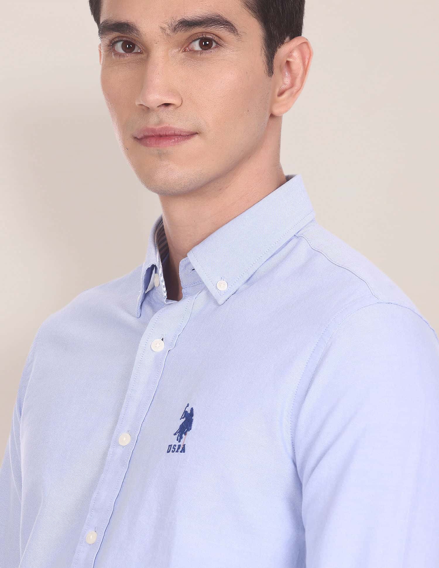 Men Blue Button Down Collar Cotton Solid Formal Shirt - Image 7