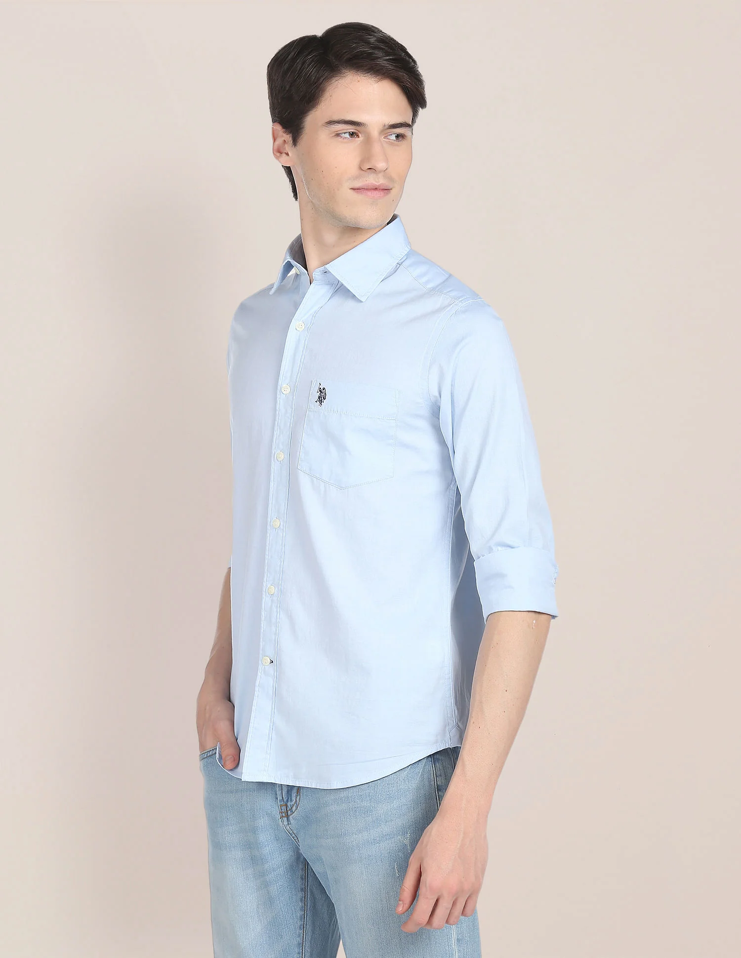 Men Light Blue Oxford Regular Fit Casual Shirt - Image 4