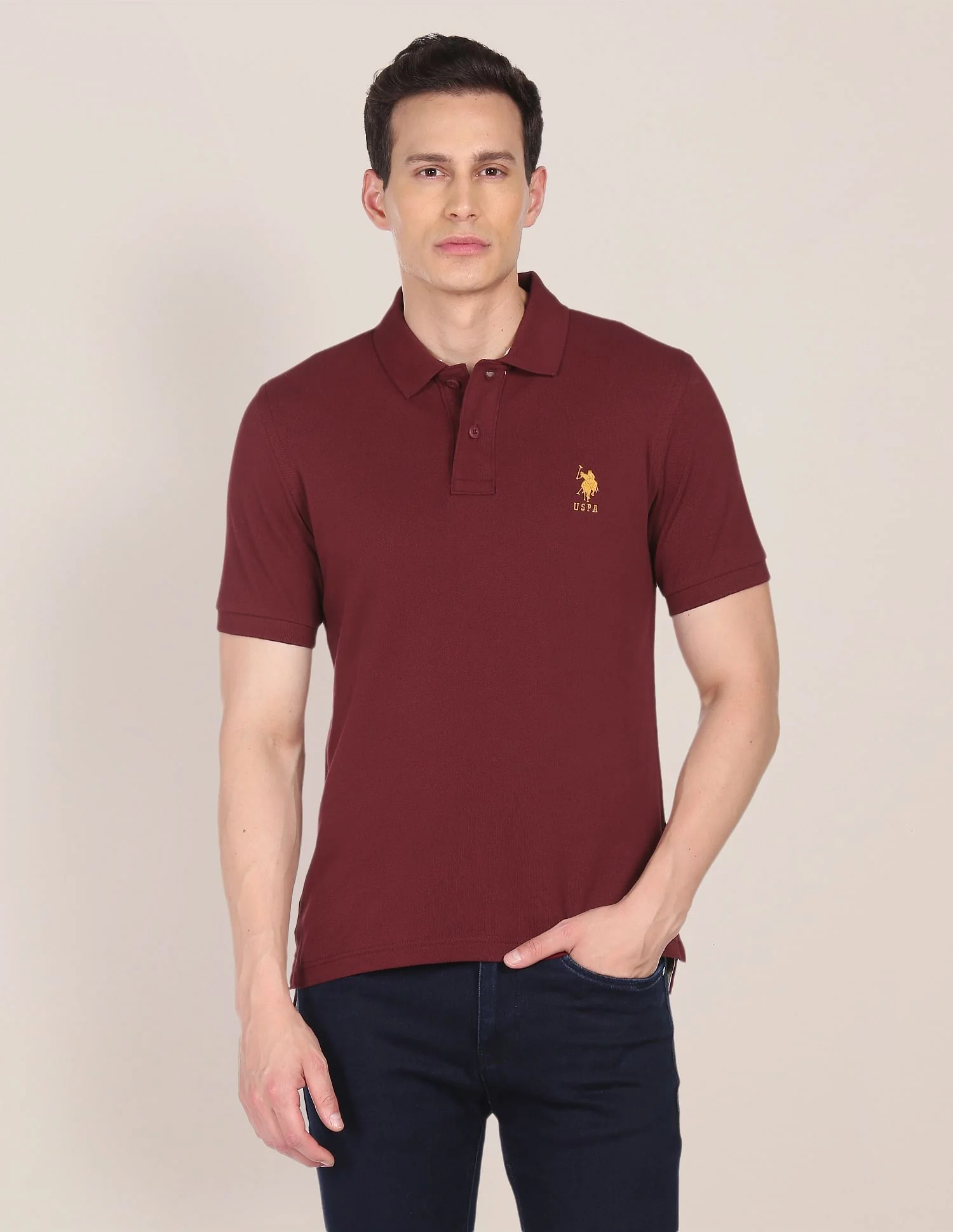 Ribbed Collar Solid Polo Shirt
