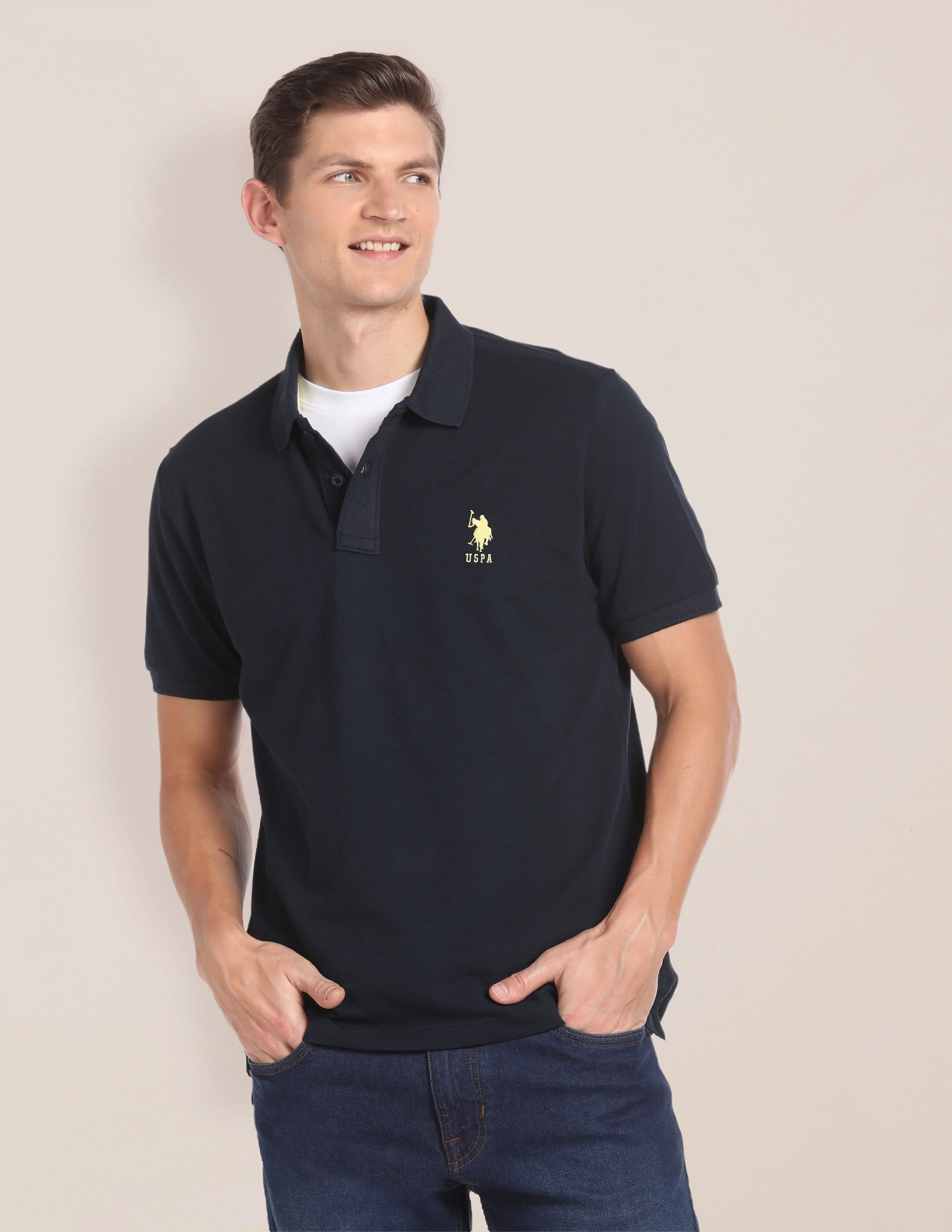 Men Navy Blue Pique Solid Polo Shirt