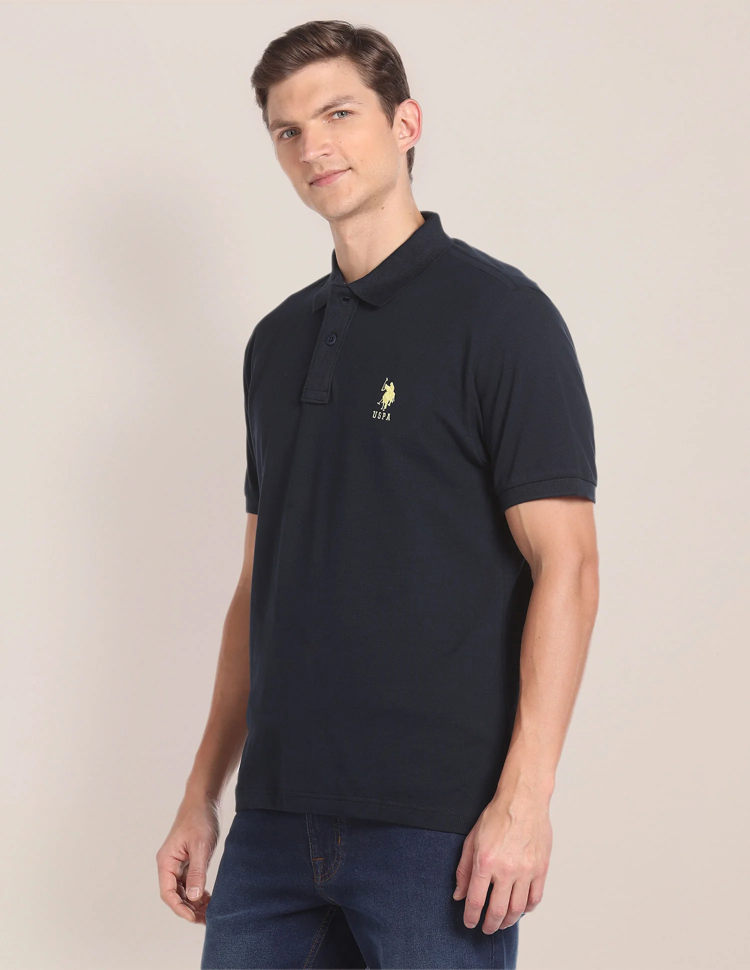 Men Navy Blue Pique Solid Polo Shirt - Image 4