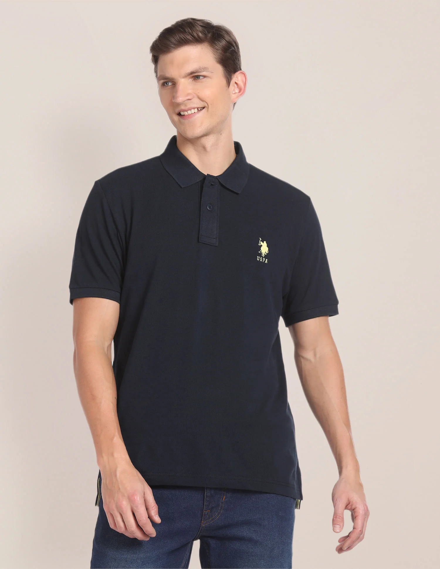 Men Navy Blue Pique Solid Polo Shirt - Image 6