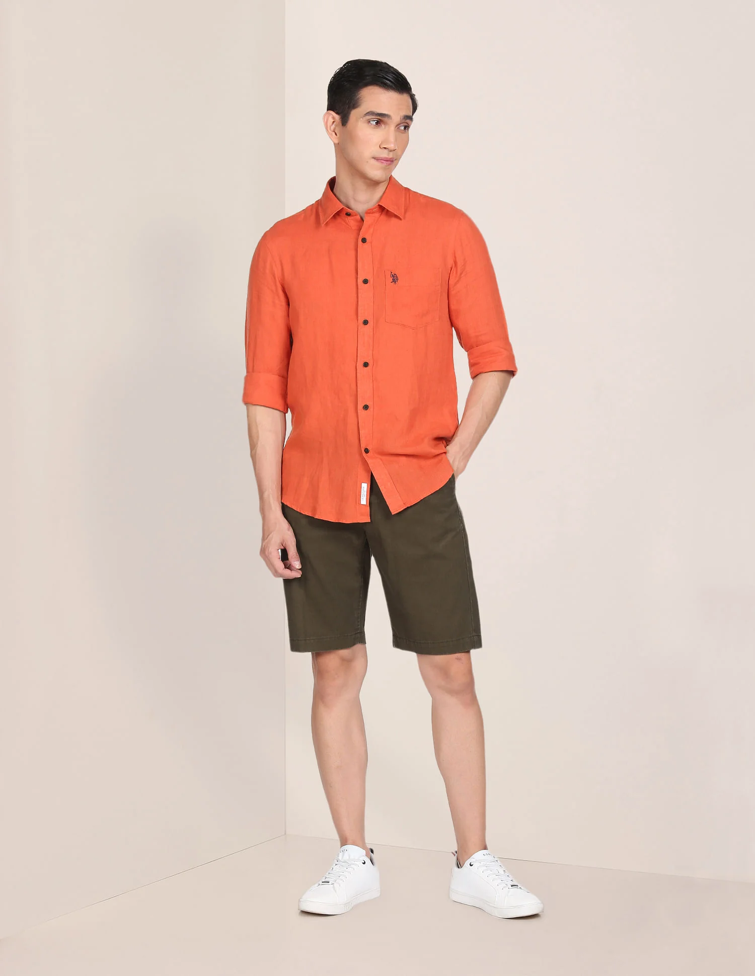 Men Orange Linen Solid Casual Shirt - Image 3