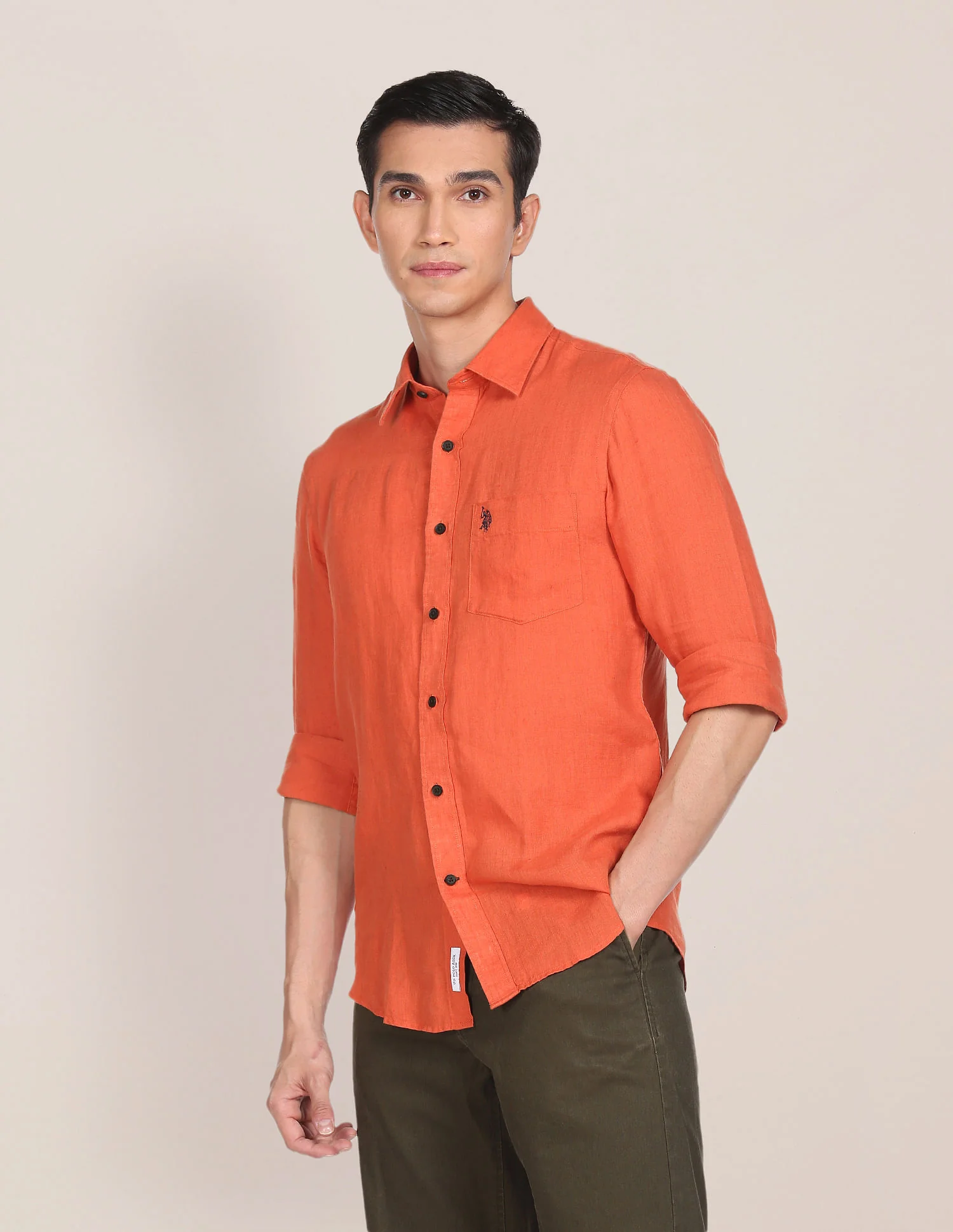 Men Orange Linen Solid Casual Shirt - Image 4