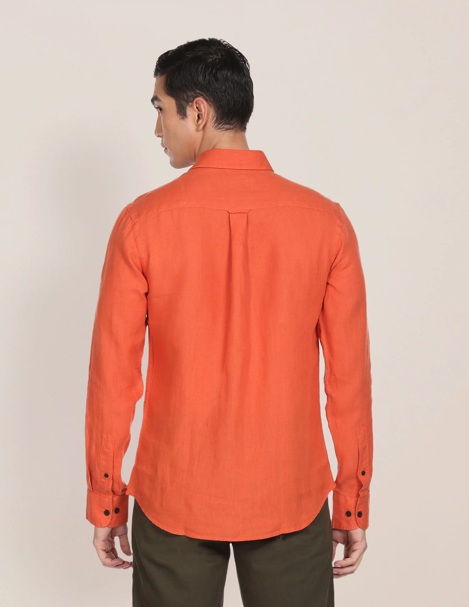 Men Orange Linen Solid Casual Shirt - Image 5
