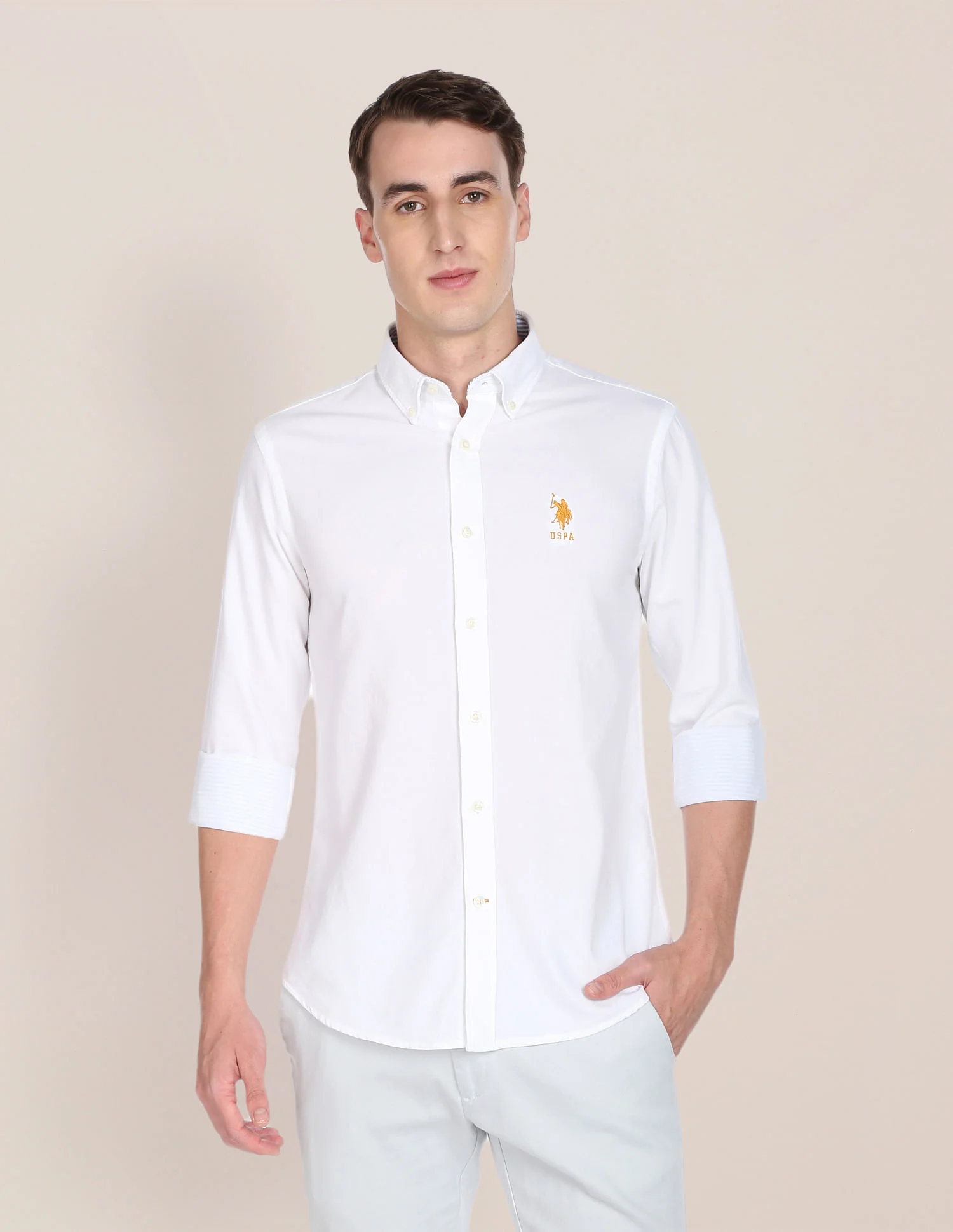 Men White Solid Twill Weave Casual Shirt