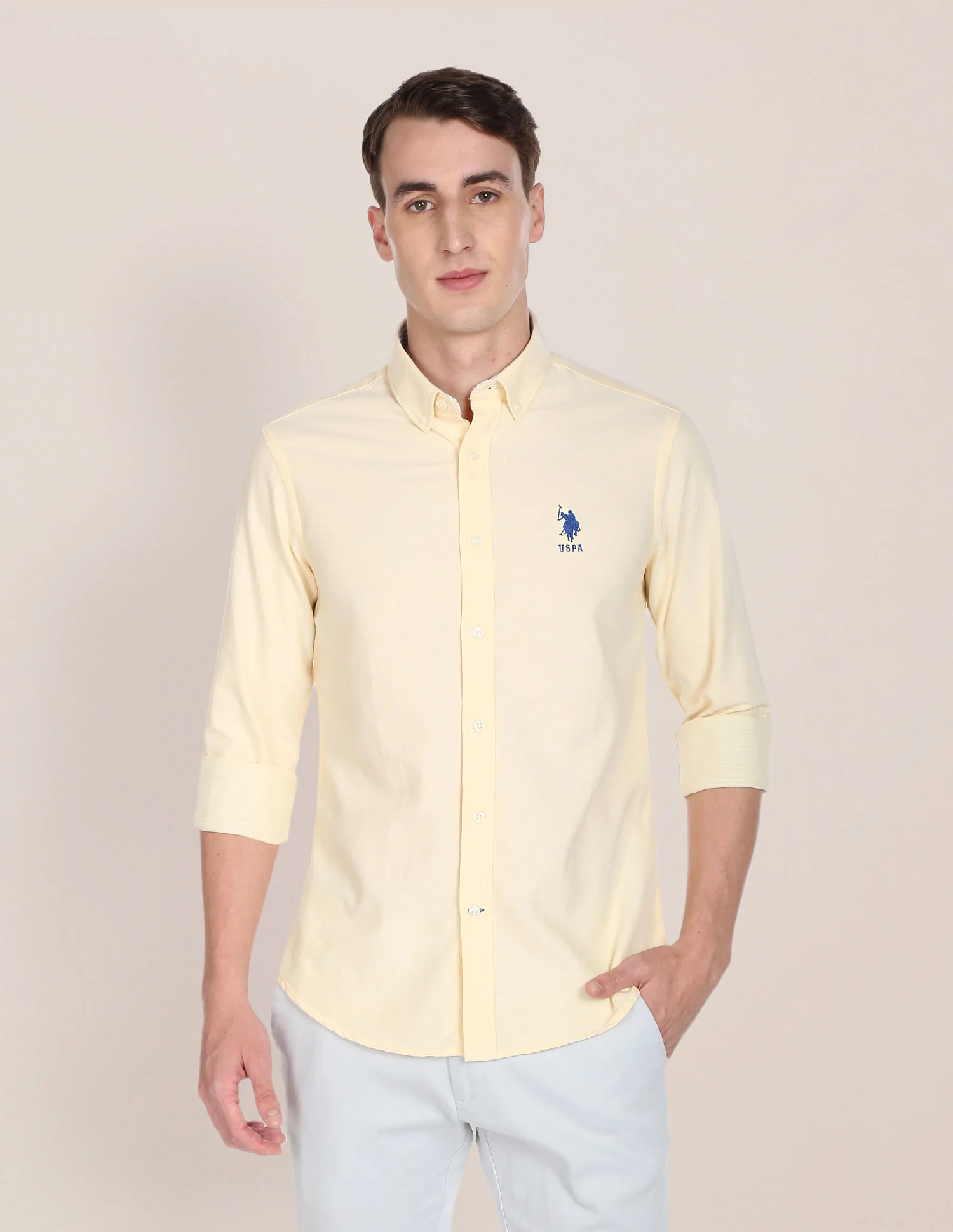 Men Yellow Solid Twill Weave Casual Shirt