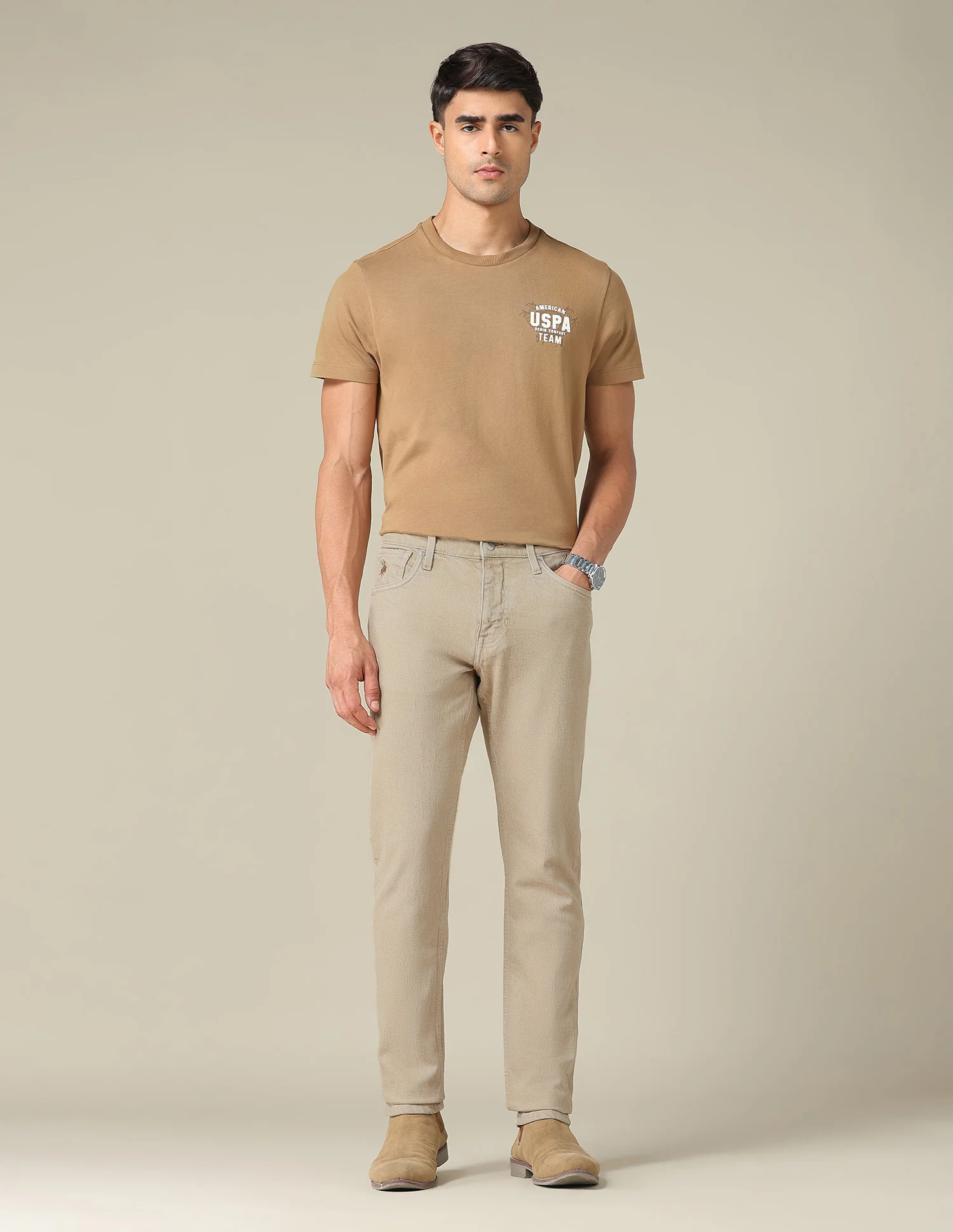 Brandon Slim Tapered Fit Beige Jeans - Image 3