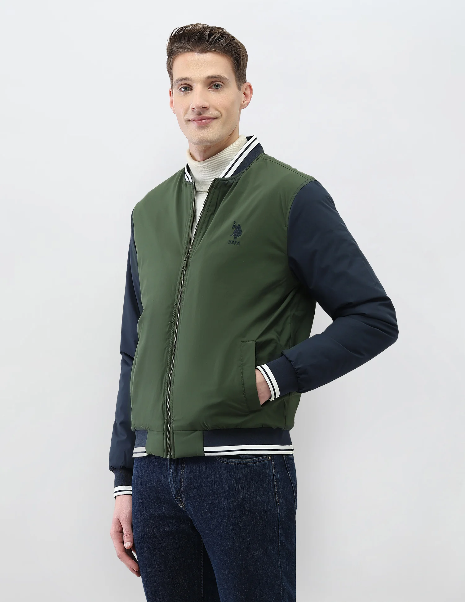 Colour Blocked Regular Fit Varsity Jacket - Image 4