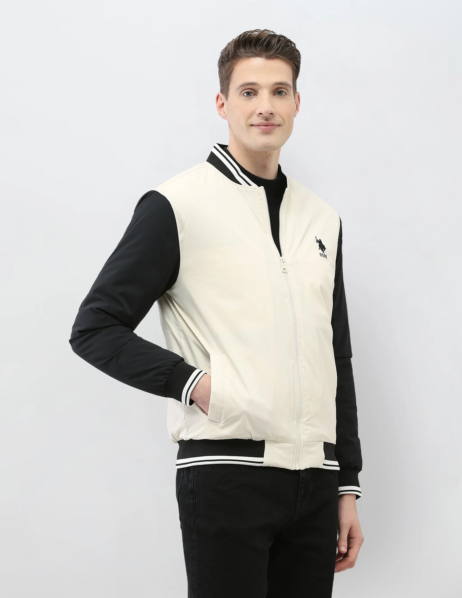 Colour Blocked Regular Fit Varsity Jacket - Image 4