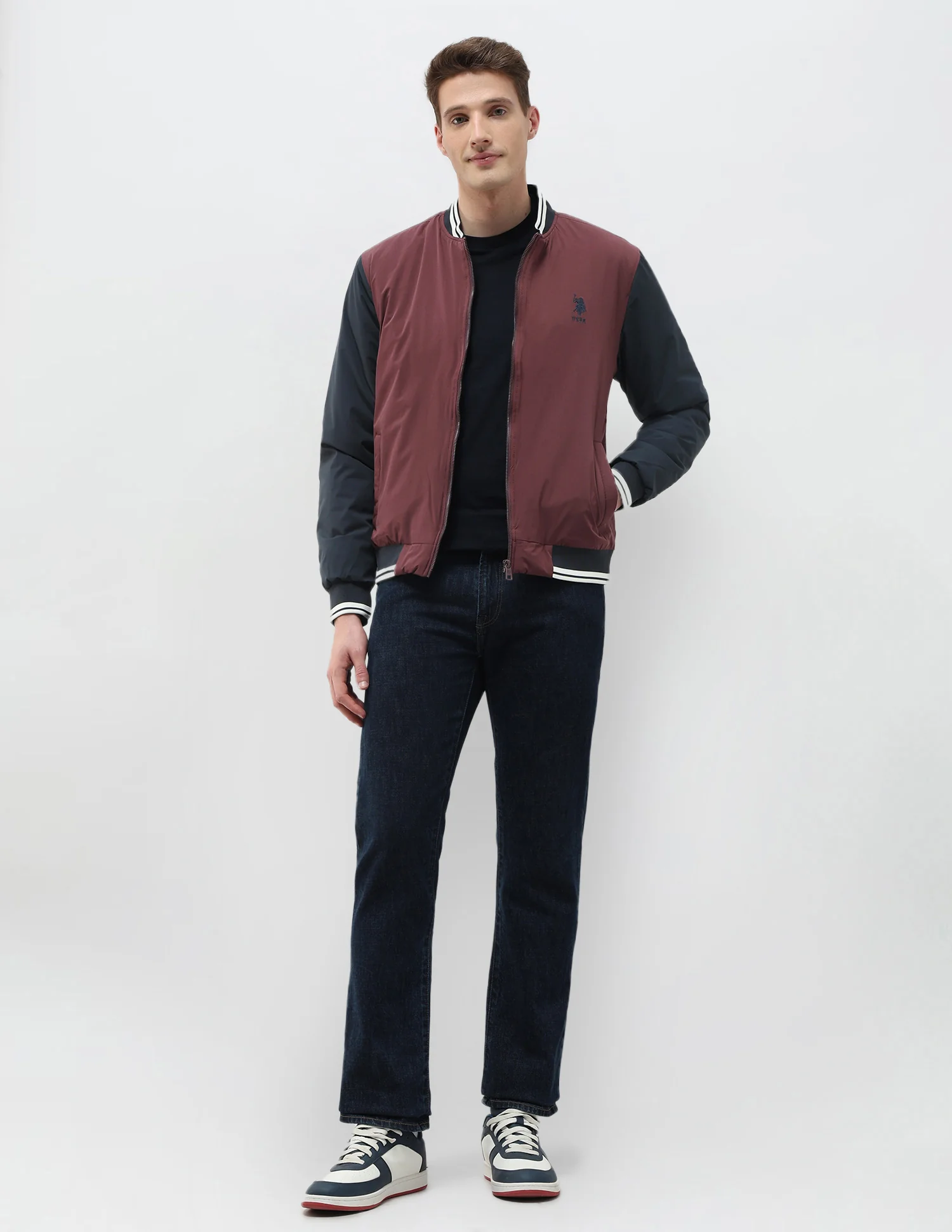 Colour Blocked Regular Fit Varsity Jacket - Image 3