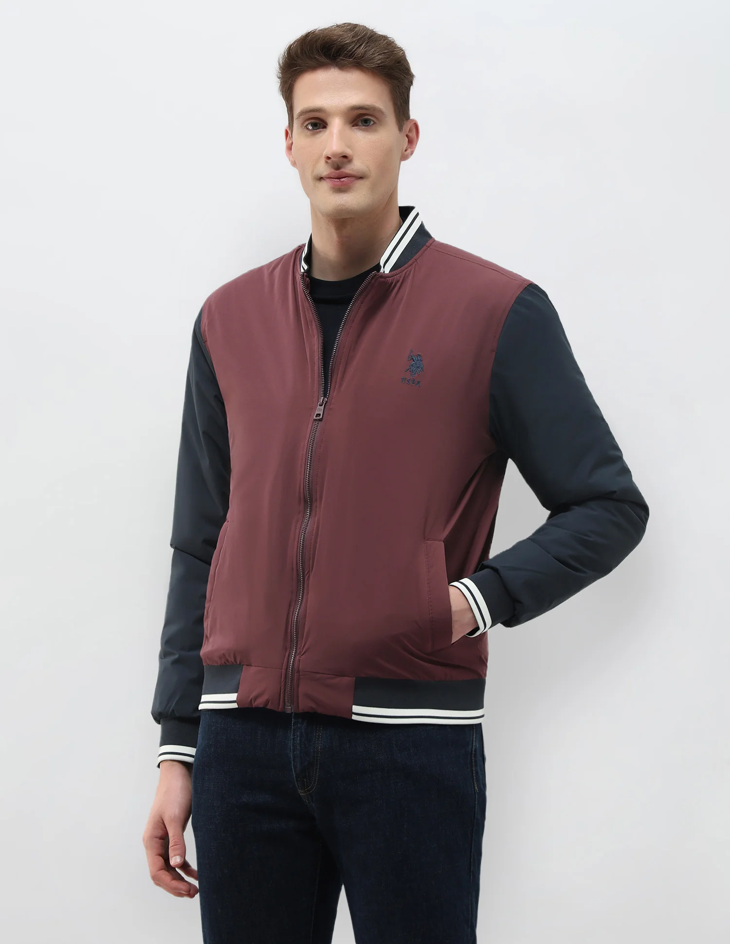 Colour Blocked Regular Fit Varsity Jacket - Image 4