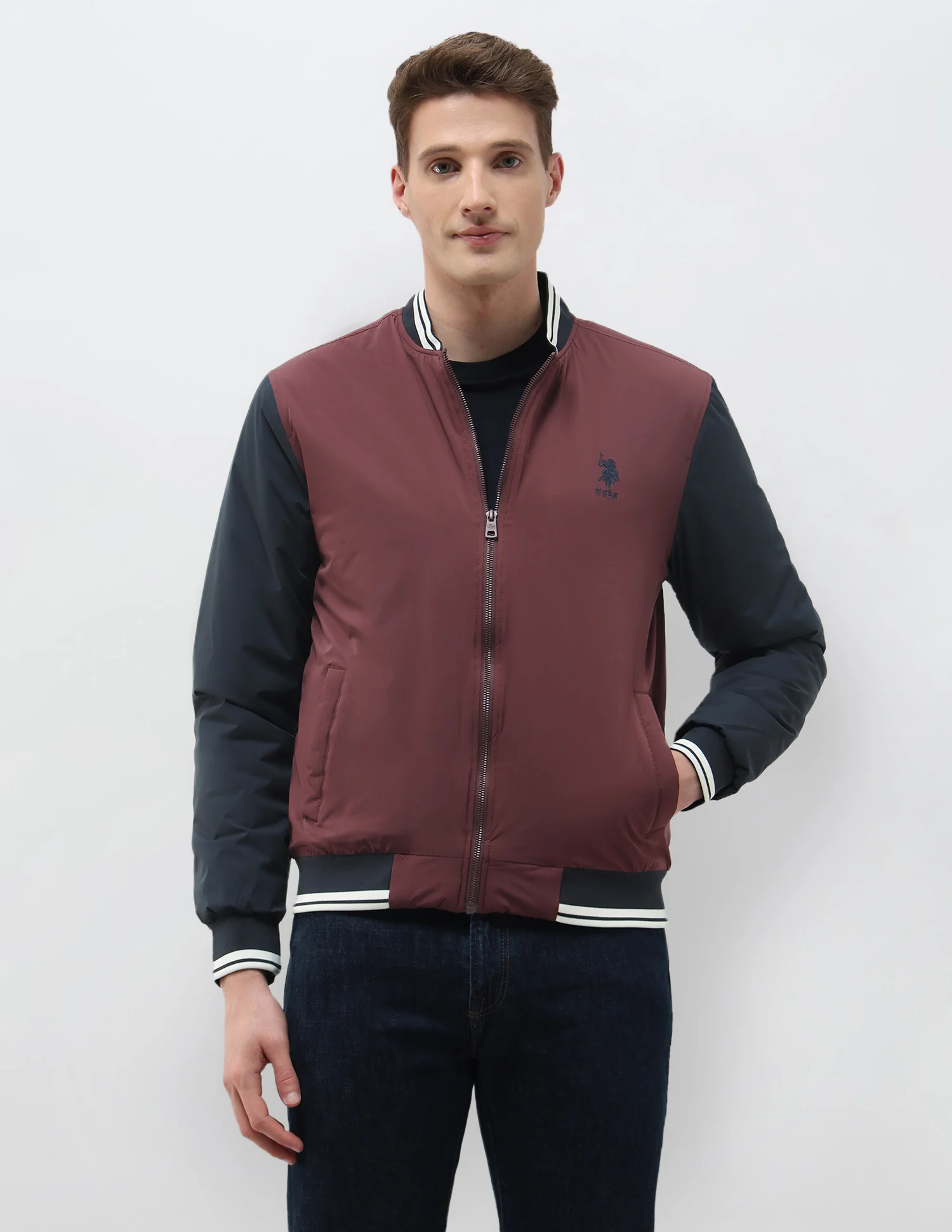 Colour Blocked Regular Fit Varsity Jacket - Image 6