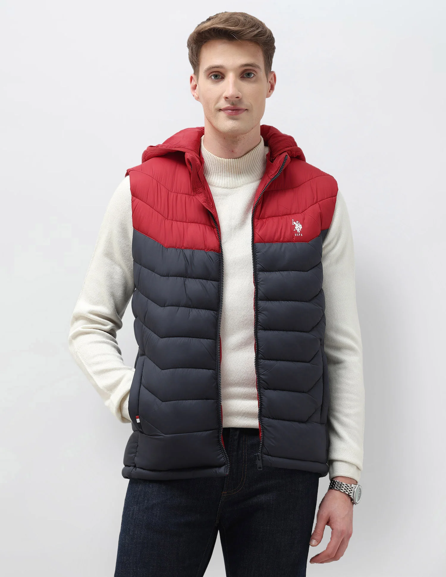 Colour Blocked Removable Hood Puffer Jacket