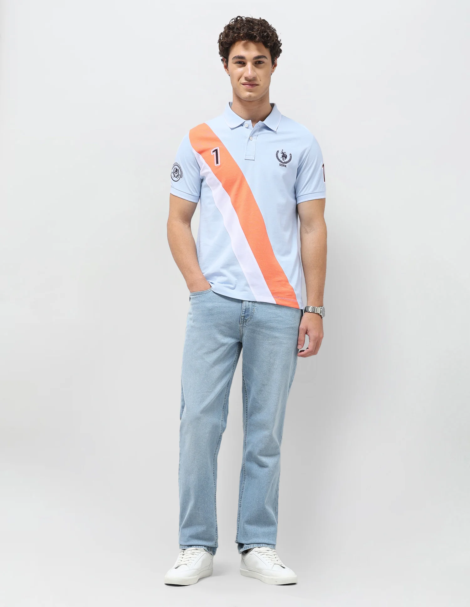 Diagonal Colorblocked Brand Embroidered Polo Shirt - Image 3