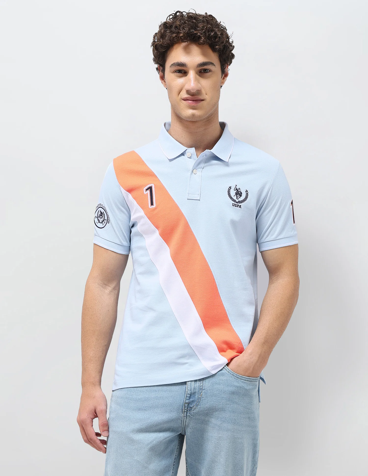 Diagonal Colorblocked Brand Embroidered Polo Shirt - Image 6