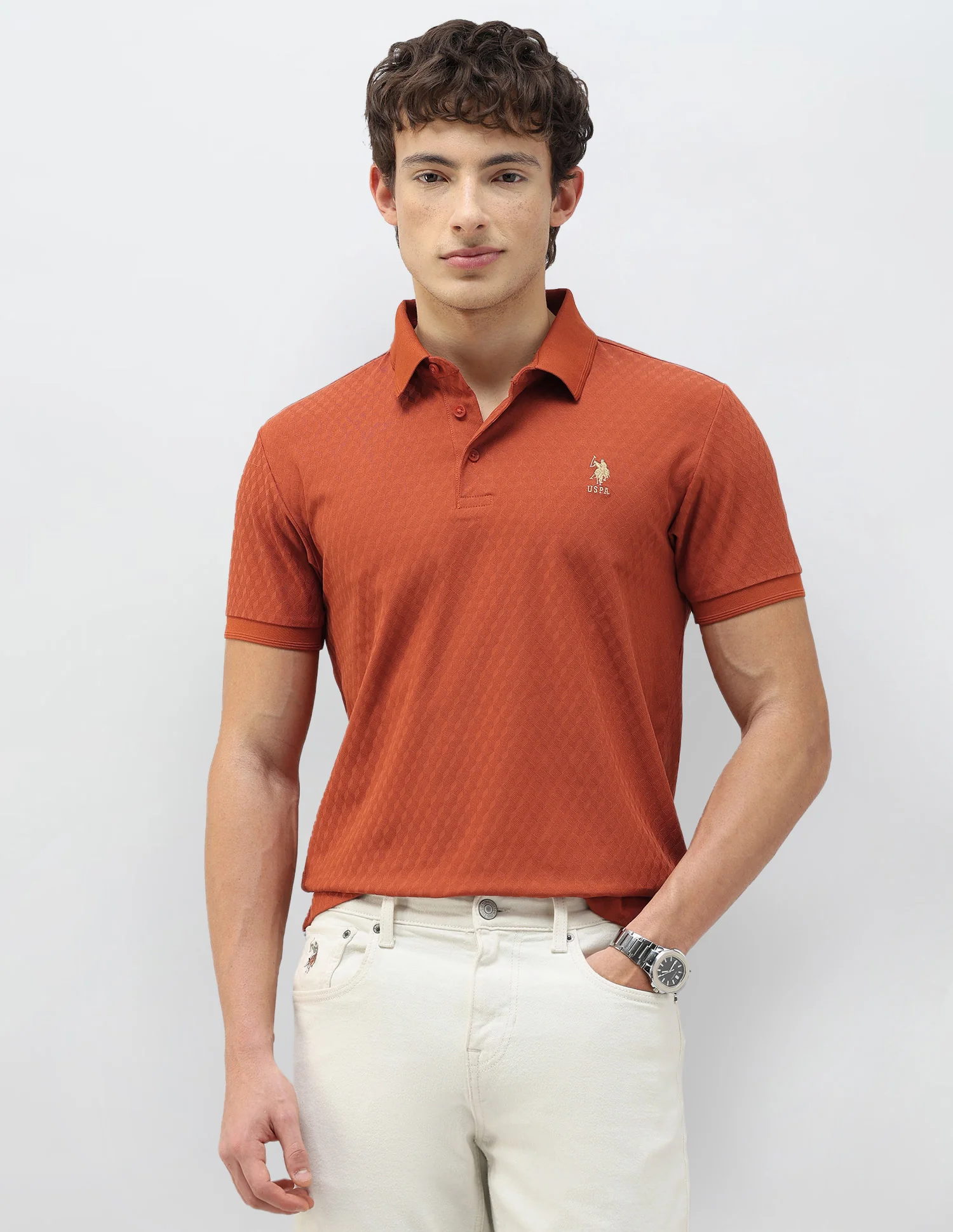 Geometric Patterned Knit Slim Fit Polo Shirt