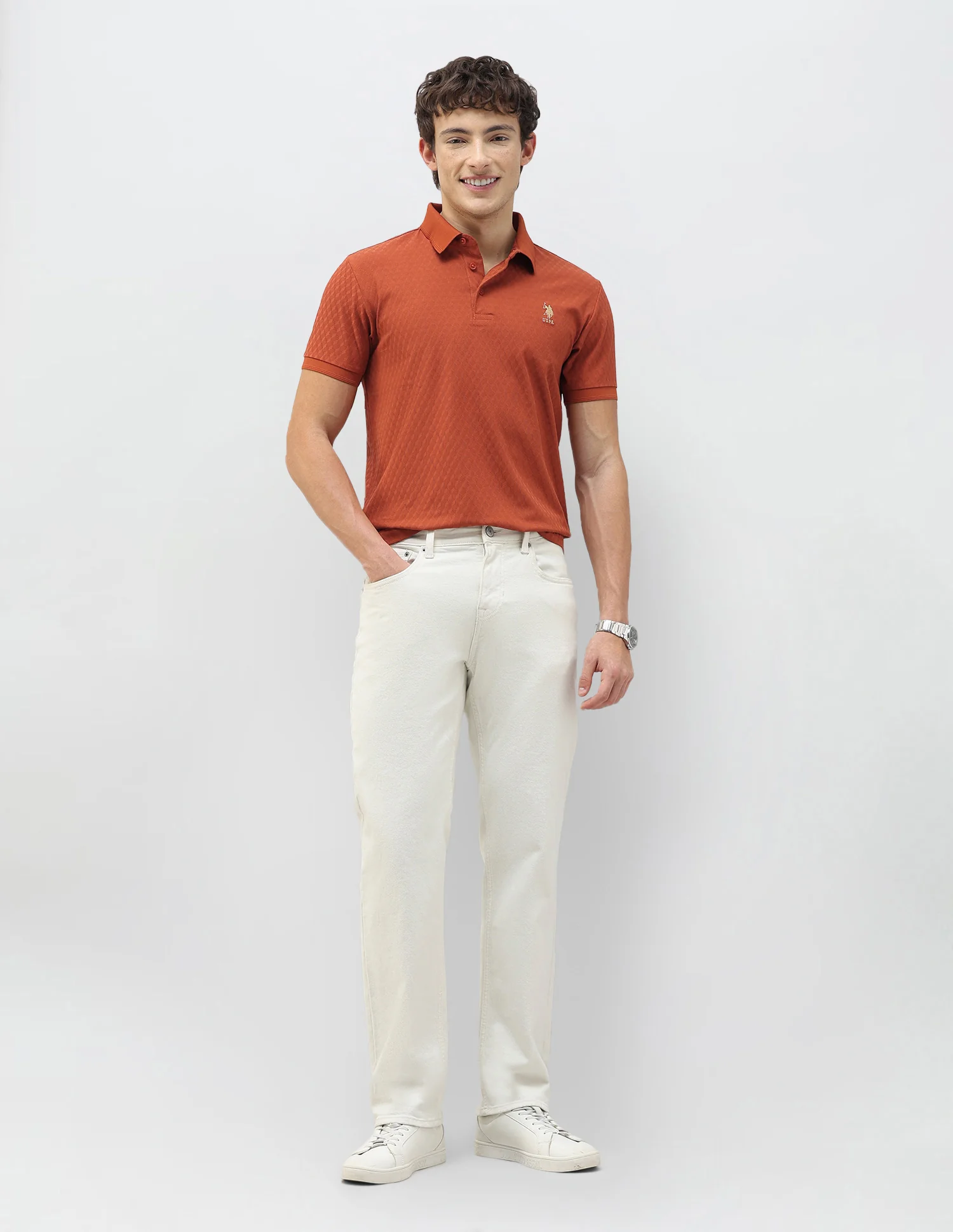 Geometric Patterned Knit Slim Fit Polo Shirt - Image 3