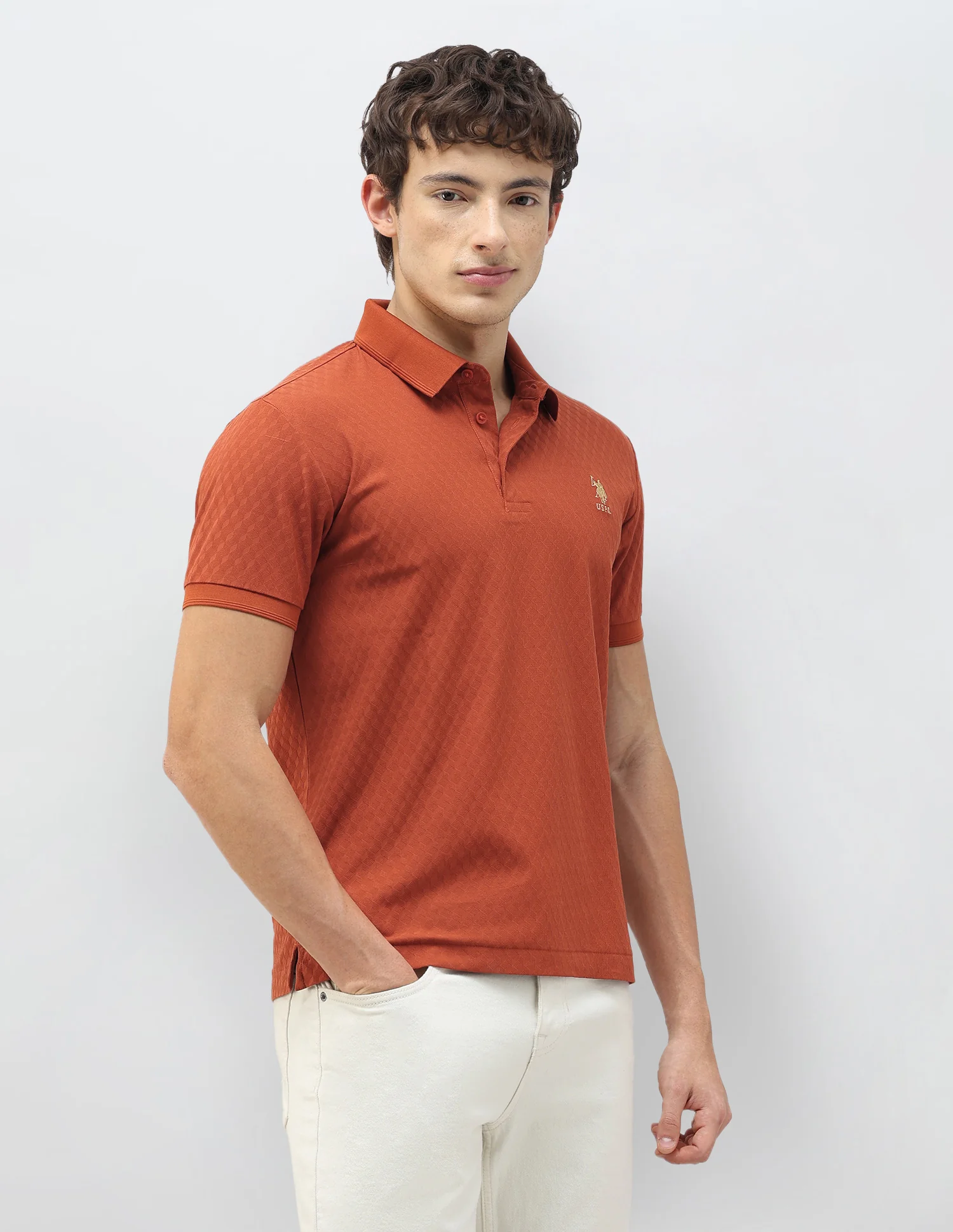 Geometric Patterned Knit Slim Fit Polo Shirt - Image 4