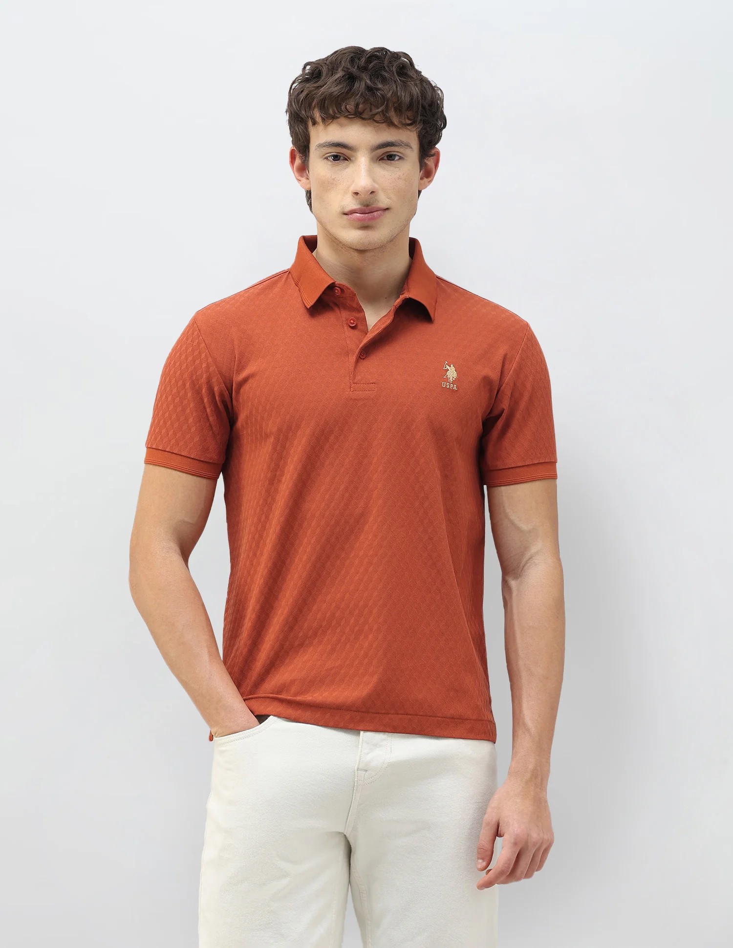 Geometric Patterned Knit Slim Fit Polo Shirt - Image 6