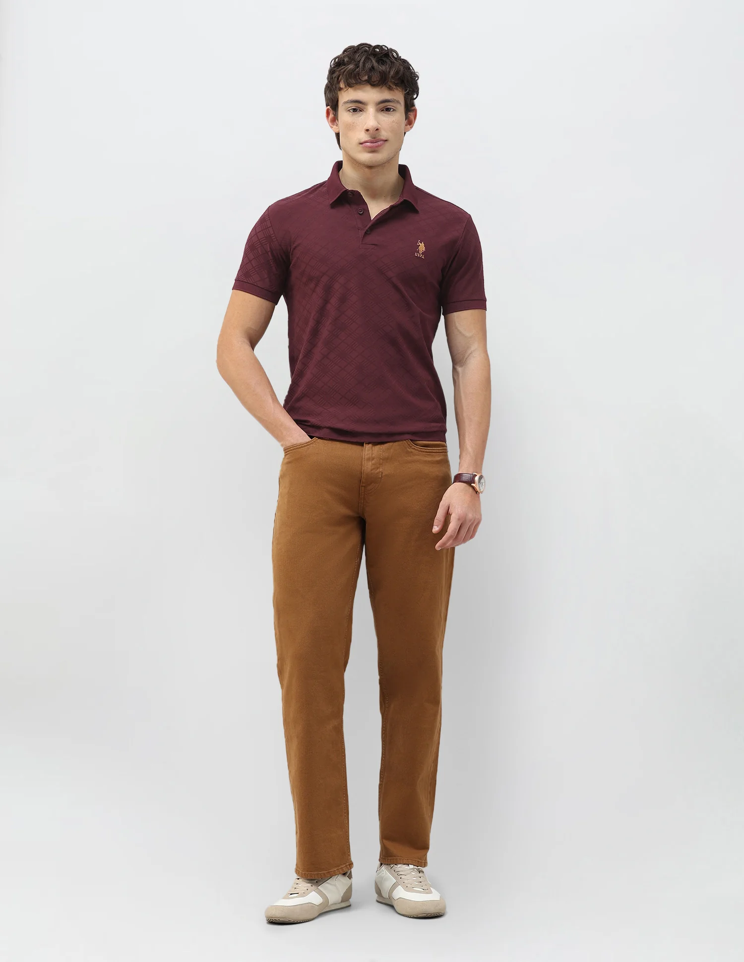 Geometric Patterned Knit Slim Fit Polo Shirt - Image 3