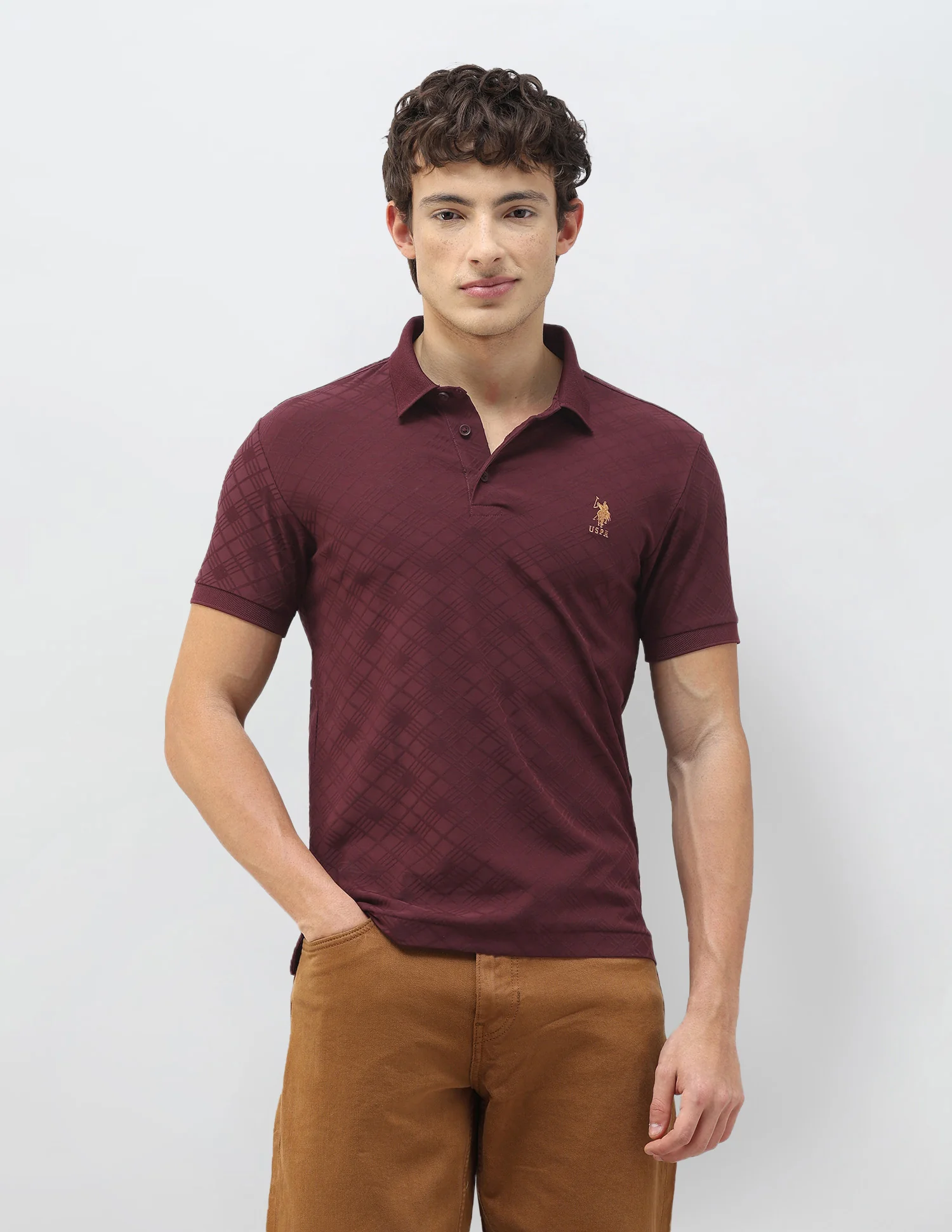 Geometric Patterned Knit Slim Fit Polo Shirt - Image 6