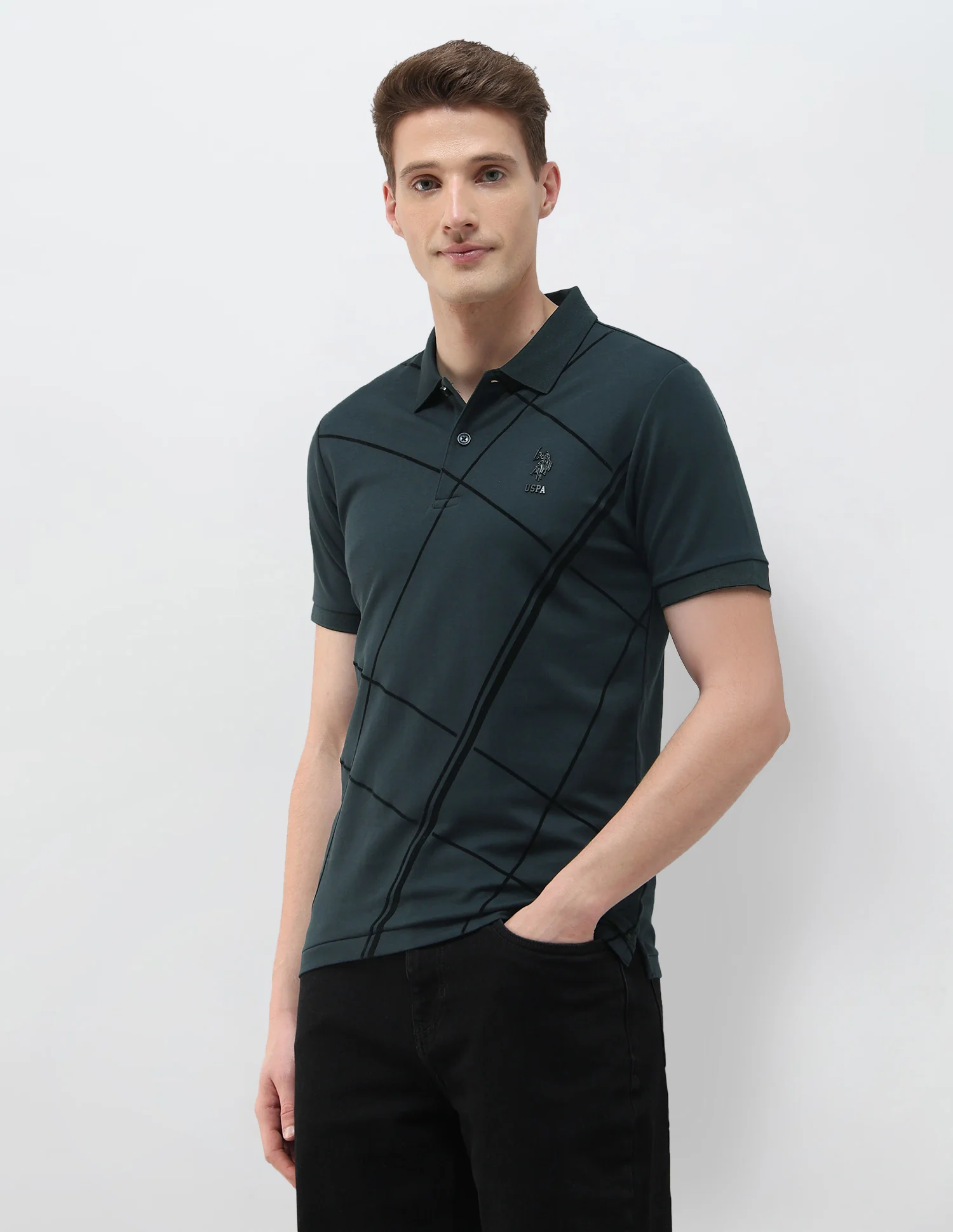Geometric Printed Black & Gold Polo Shirt - Image 4