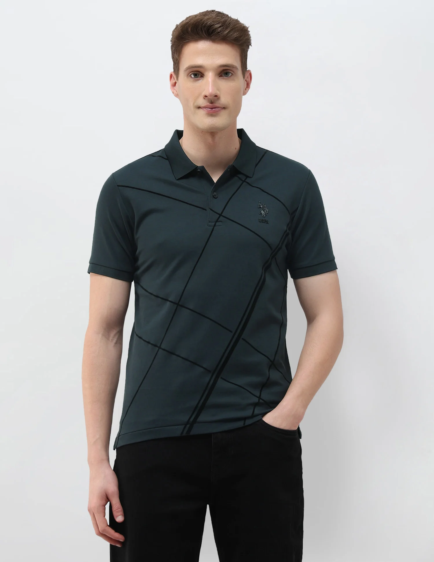 Geometric Printed Black & Gold Polo Shirt - Image 6