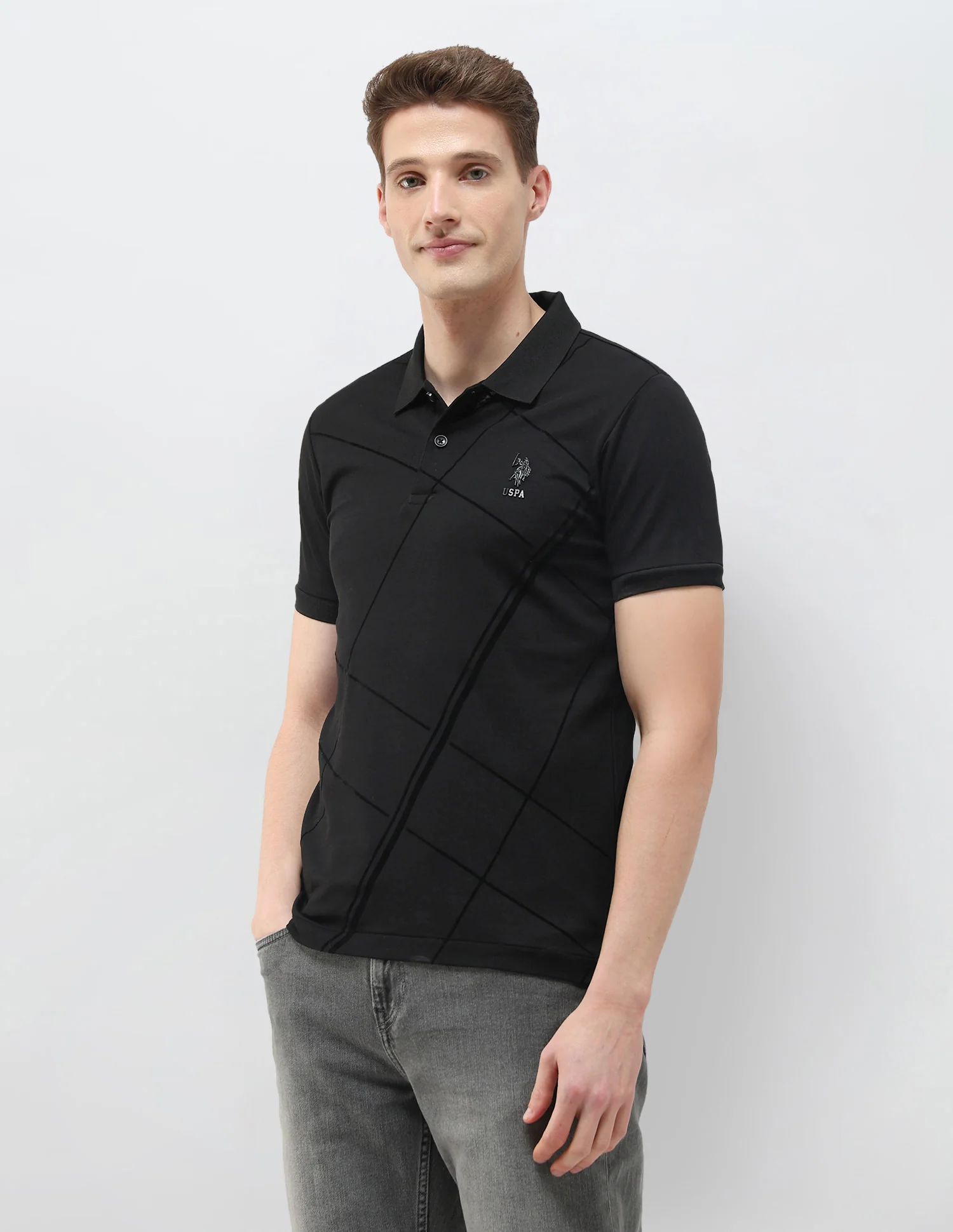 Geometric Printed Black & Gold Polo Shirt - Image 4