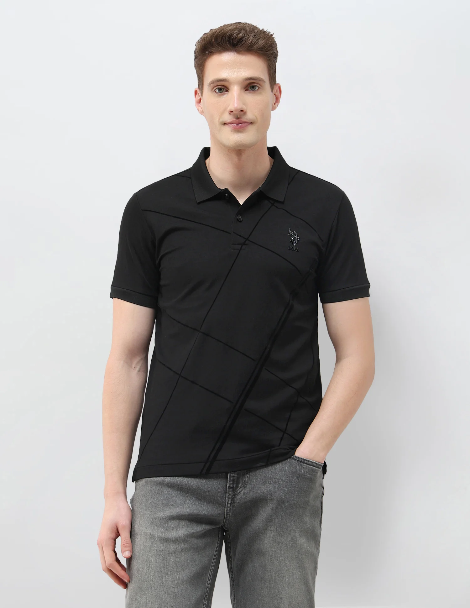 Geometric Printed Black & Gold Polo Shirt - Image 6