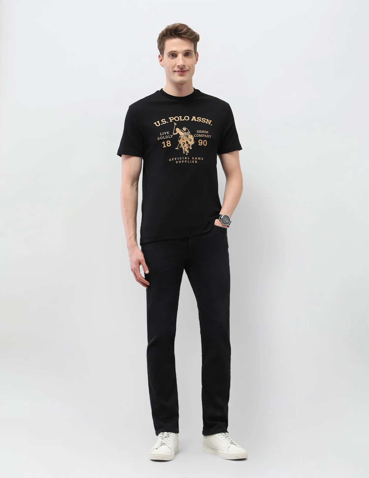 Graphic Brand Printed Slim Fit Black & Gold T-Shirt - Image 3